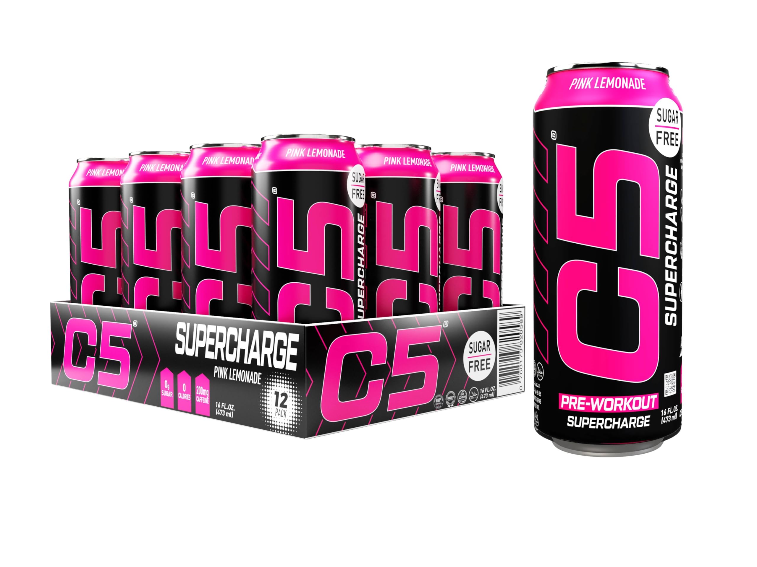 Drink Supercharge Pink Lemonade Pre Workout Sugar Free, Zero Calories, 200mg Caffeine, Creatine - Beta Alanine - Citrulline Malate High-Performance Pre-Workout Booster Supplement Pack of 12