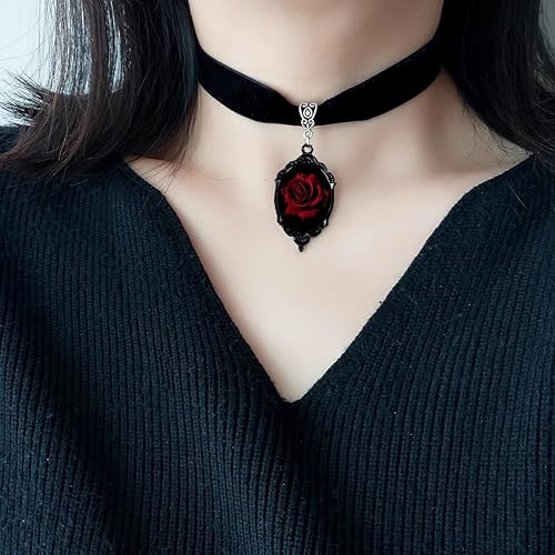 Miniatura 2 de Gargantilla de terciopelo negro con flor de rosa roja oscura para mujer, estilo gótico, vintage, victoriano, con dije de cristal, collar con dije de