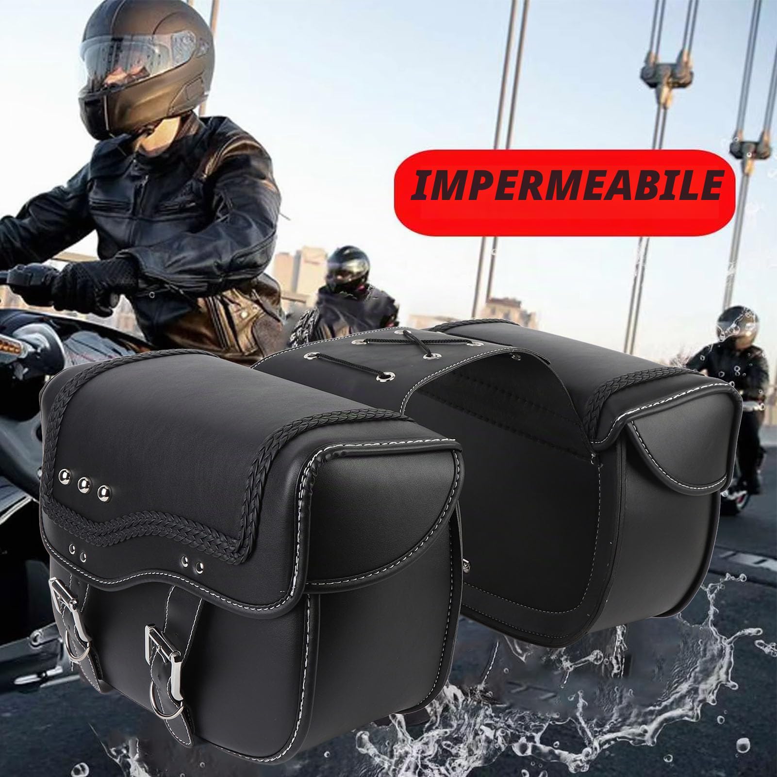 Borse laterali moto, borse laterali attrezzi laterali moto pelle PU 30 litri, borsa bagagli ciclismo, impermeabili, borse laterali inclinate, borse laterali fibbie a sgancio rapido
