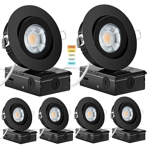 KnLnny Ware Black Recessed Lighting 4 Inch 6 Pack, Ajustable Eyeball Gimbal canless recessed Lights with Junction Box,9W 750LM,Dimmable,5CCT Selectable,Air Tight - Black Trim - 4 Inch - 6 Pack Black Round Trim