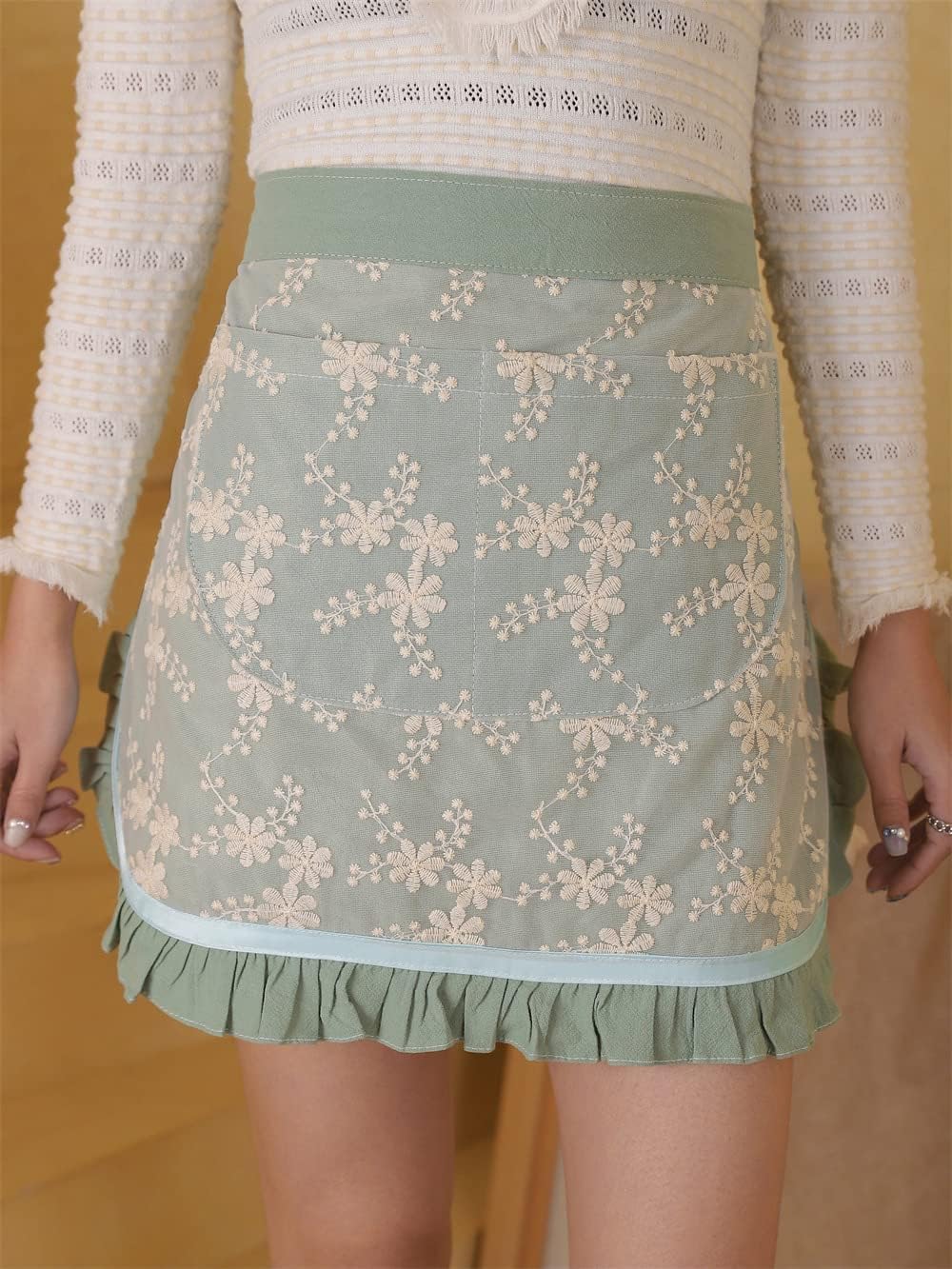 Unisex Chef Aprons White Retro Cotton Maid Short 2 Pockets Waist Waiter Waitress Half Apron - Image 5