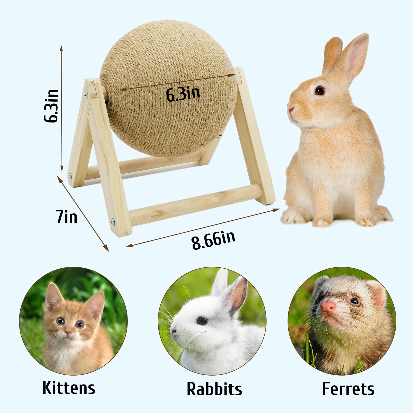 Fhiny Kratzspielzeug für Hasen, natürliches Massivholz, Sisal-Kratzball für Indoor-Kätzchen, Krallen-Kratzball für Kätzchen, Hasen, Chinchilla, Frettchen oder andere kleine Tiere (Medium)