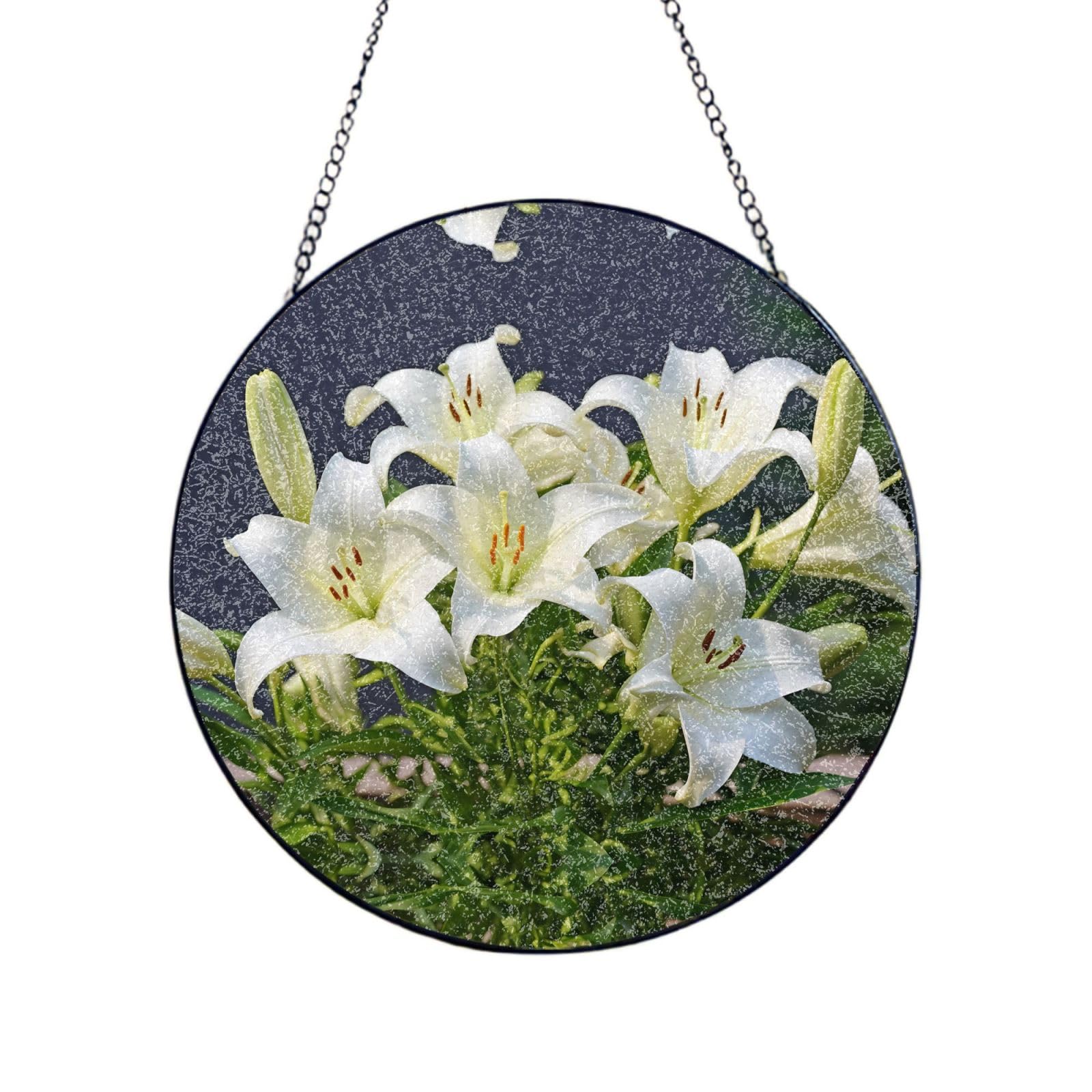 Phayah White Lilies Print Stained Glass Window Hanging Sun Catchers Decoration Mother'S Day Birthday Gifts For Home Garden Porch 6in（15cm）