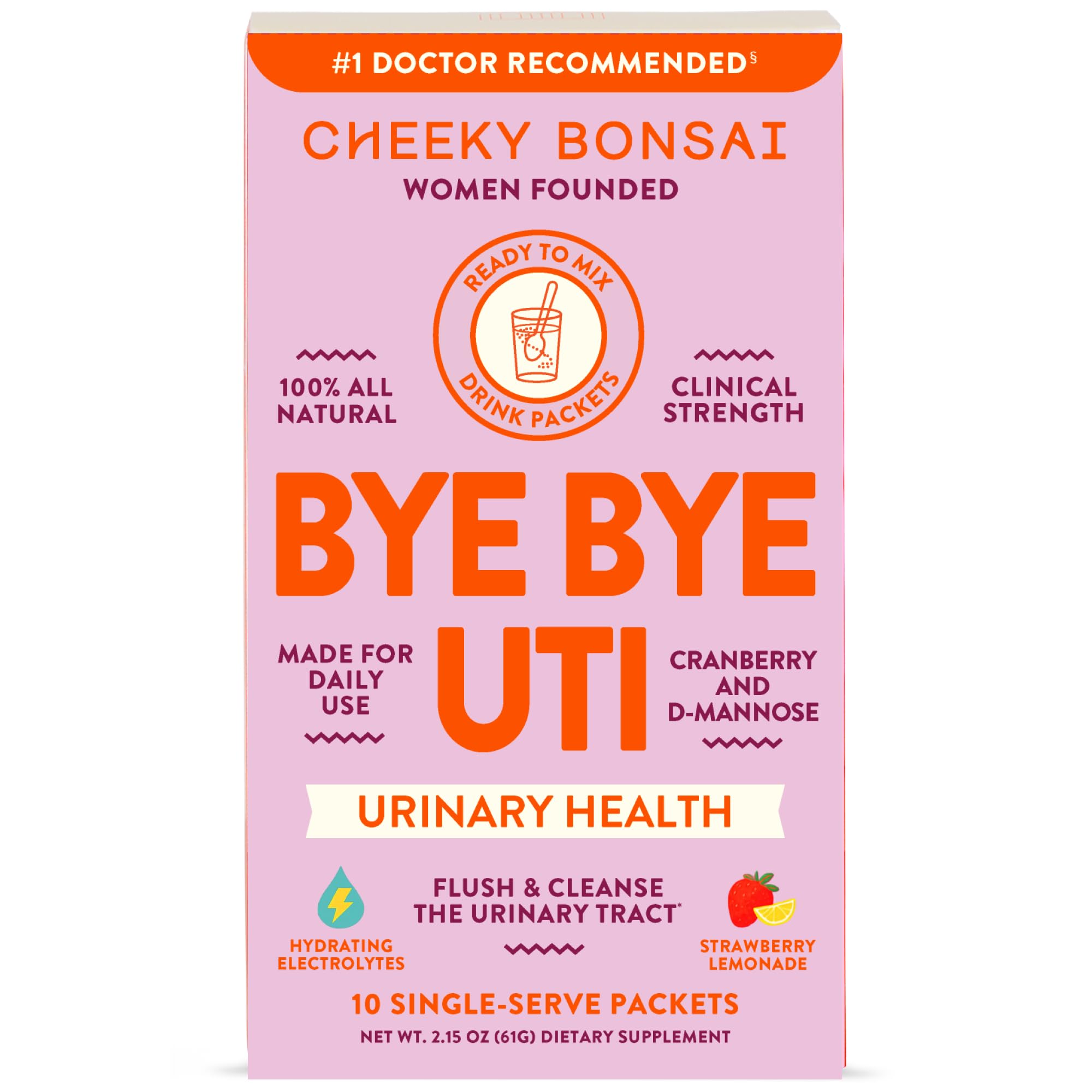 Cheeky Bonsai, Urinary Health Hydration Packets, Flush & Protect the Urinary Tract with D-Mannose, Cranberry & Electrolytes, Hibiscus Lemonade Flavor (10 Packets) No Added Sugar, Vegan and Gluten-Free