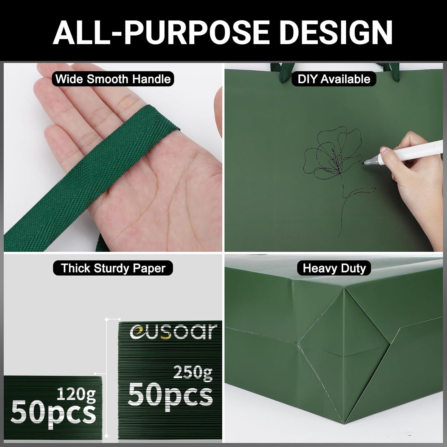EUSOAR Paper Gift Bags with Handles, 50pcs 12.5"x4.5"x11" Green Kraft Gift Wrap Bags, Merchandise Retail Paper Shopping Wrapping Bags for Business, Craft Grocery, Boutique, Party Favor, Wedding
