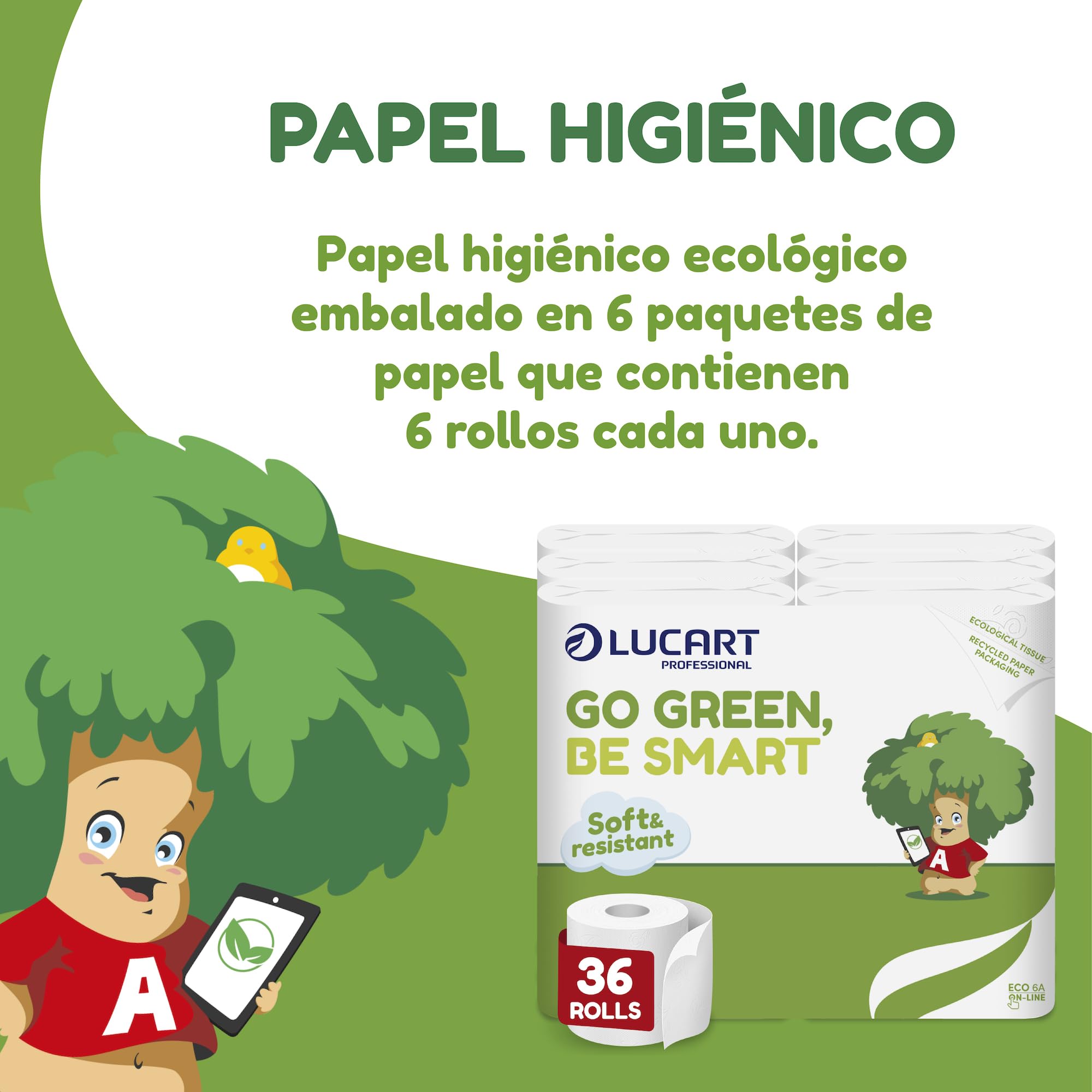 Lucart Professional, Papel Higiénico Ecológico 36 Rollos, Reciclado Certificado FSC, 3 Láminas, 100% Reciclado, Embalaje de Papel, Suave y Consistente, Blanco, 6 Paquetes de 6 Rollos