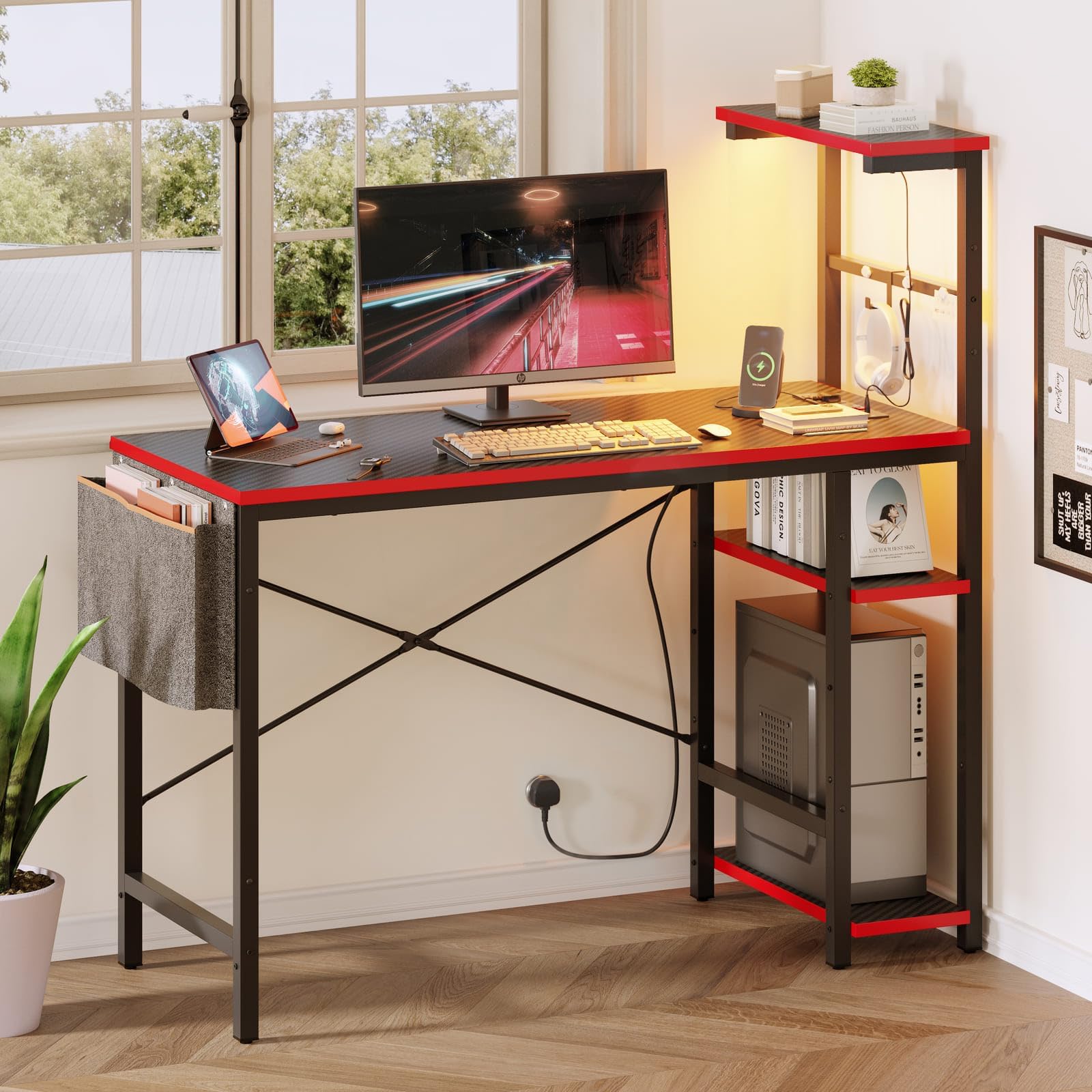 Bestier Scrivania Gaming con Prese Elettriche Integrate - Tavolo da Gioco Ergonomico con con ganci per cuffie, Illuminazione LED RGB, piccolo spazio, per Gamer Professionisti, nero fibra