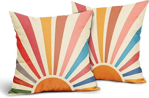 Miniatura 2 de Kawani Fundas de almohada de estilo bohemio con sol y atardecer 16x16, juego de 2 fundas de almohada decorativas de lino con arcoíris colorido y