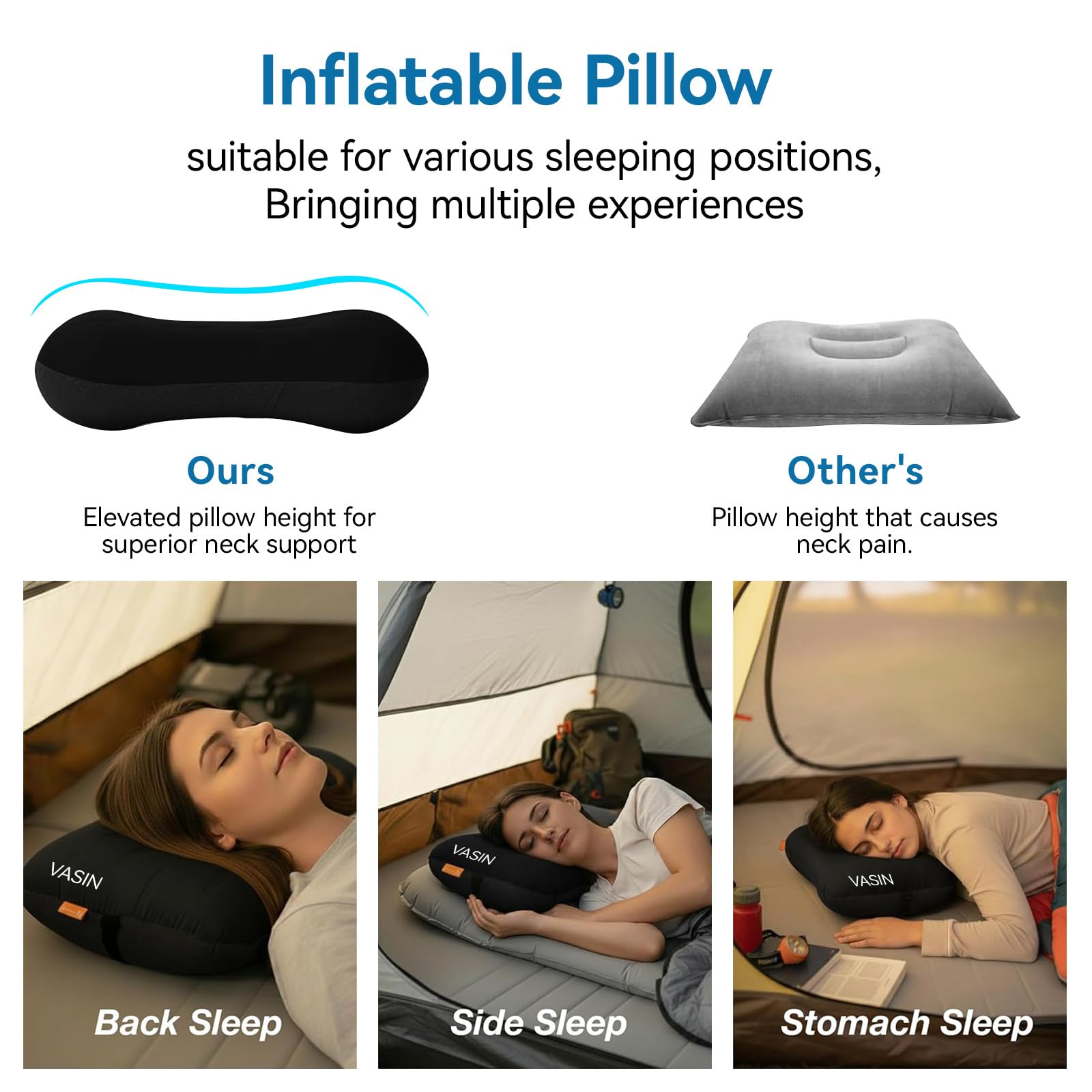 VASIN Oreiller Gonflable Camping 2 Pièces Portable Voyage Ultra Légers Ergonomie Coussin Plage Facile à Gonfler