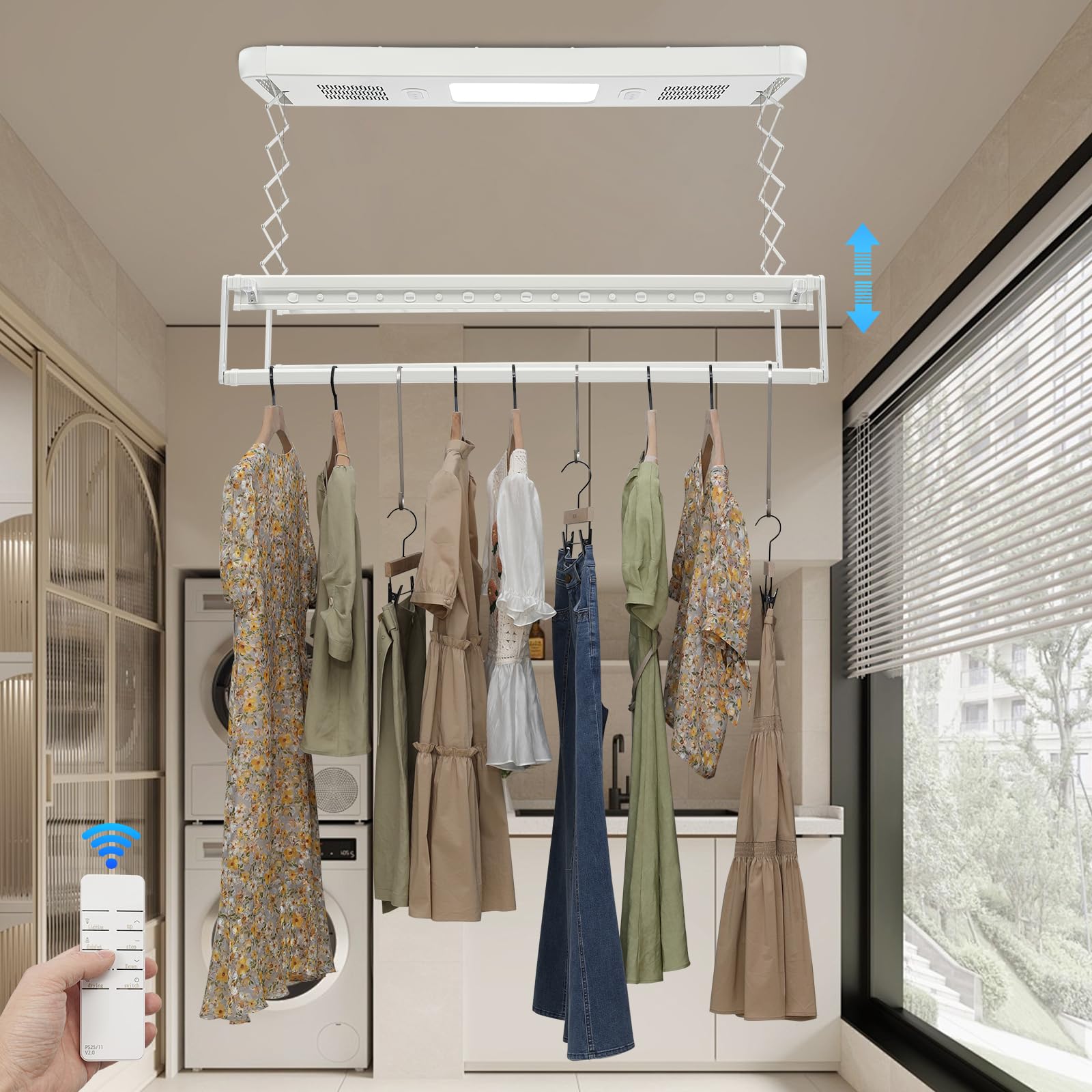 Elektrischer Wäscheständer Deckenmontage, Fernbedienung Teleskop, Weiß | Elektrischer deckenwäscheständer, teleskopierbar 130-215cm, led licht mit lüfter, 35kg tragkraft für balkon, Aluminium, Weiß
