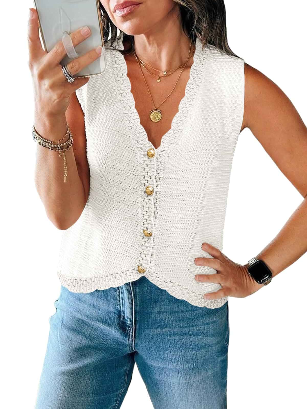 Saodimallsu Womens Crochet Tank Tops Cute Summer Sweater Vest Knit Outfits Trendy Casual,Sleeveless,V Neck,Cropped,Button Down,Boho,Going Out,Casual Daily Wear, Beach Vacation