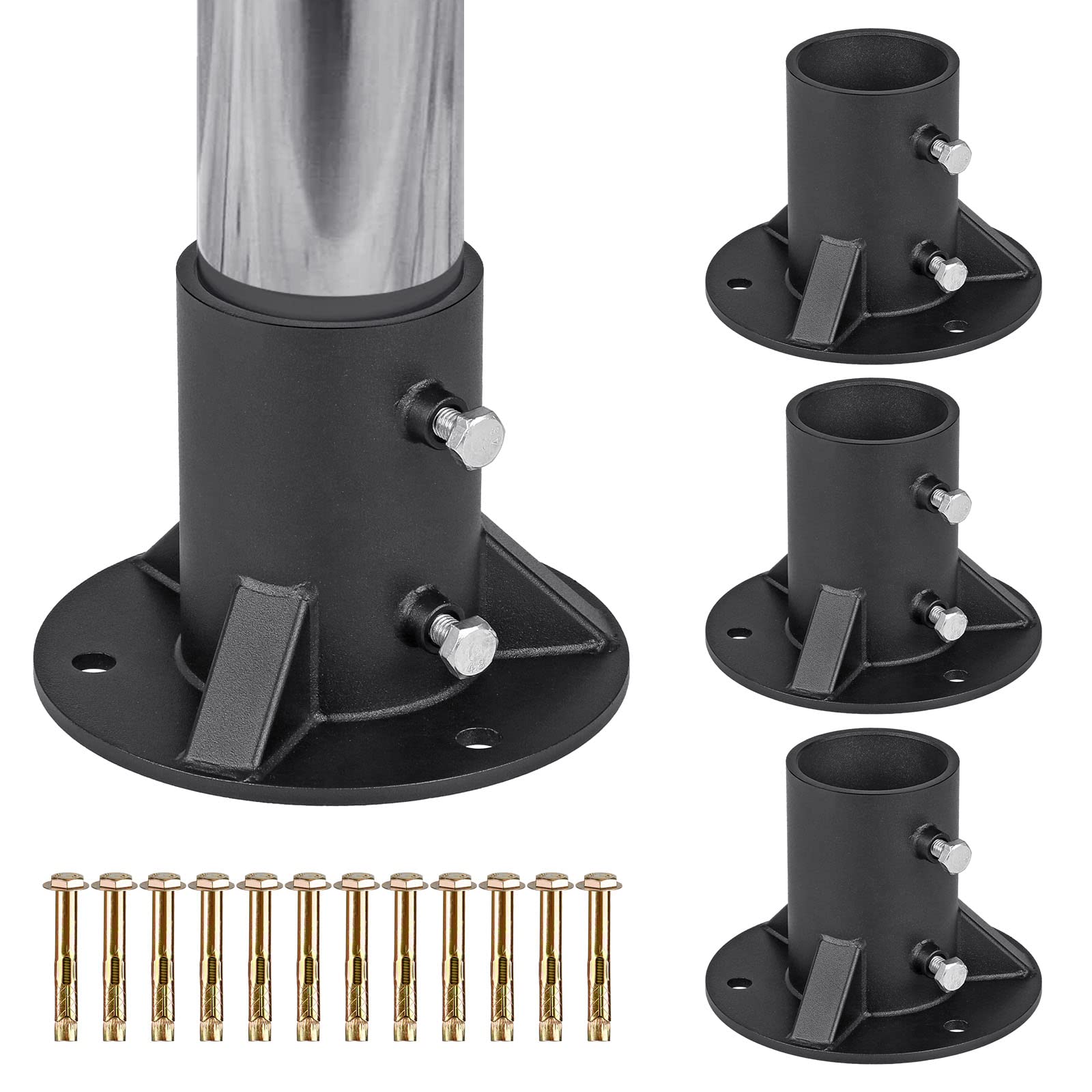 Insaga 2.5" Base Flange, Chain Link Fence Pole Floor Flange, Heavy Solid Fence Post Concrete Mount for Holding The Fence/Mailbox/Flag Round Post (OD 2-3/8''), Bolts/Side Screws are Included, 4Pcs
