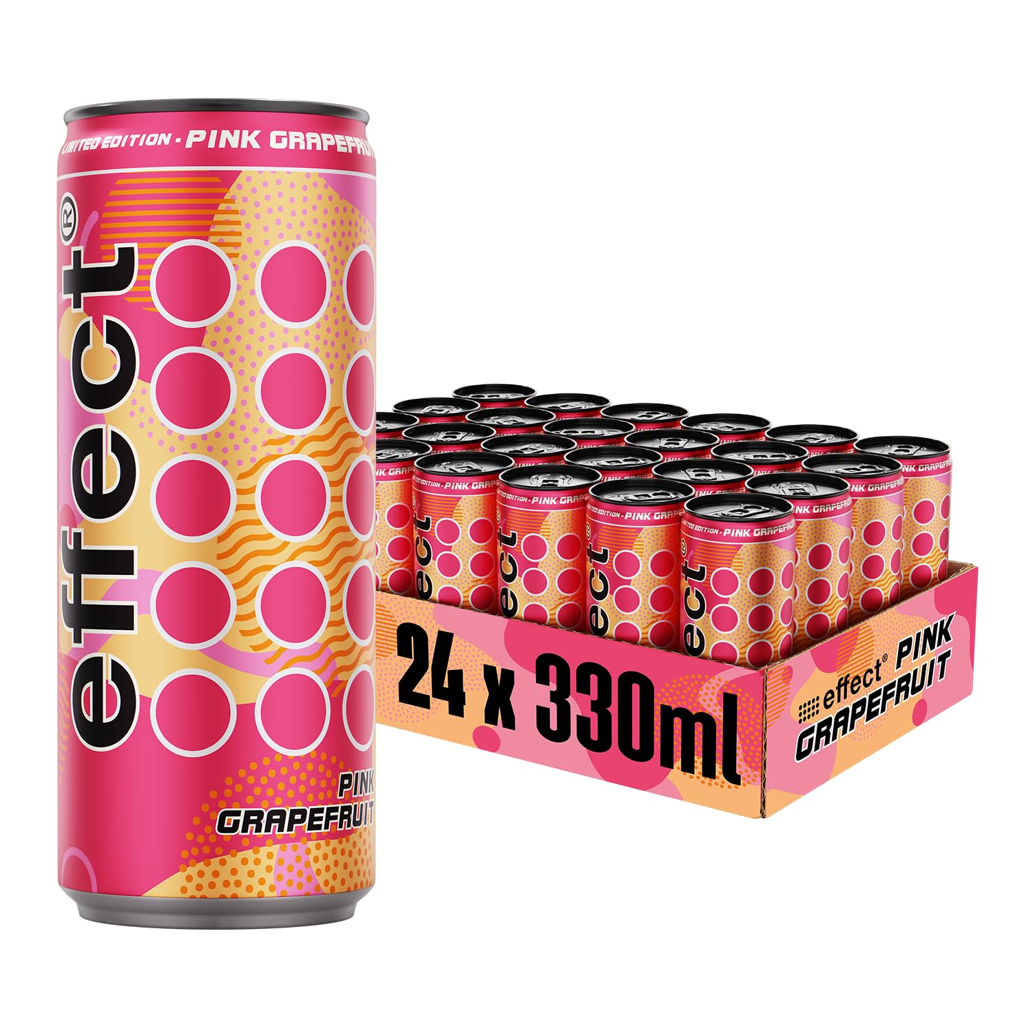 effect Energy Drink PINK GRAPEFRUIT – Tray mit 24 x 330 ml Energy Dosen Einweg, Koffeinhaltiges Erfrischungsgetränk mit B-Vitaminen – spritzig fruchtiger Grapefruit Geschmack, vegan