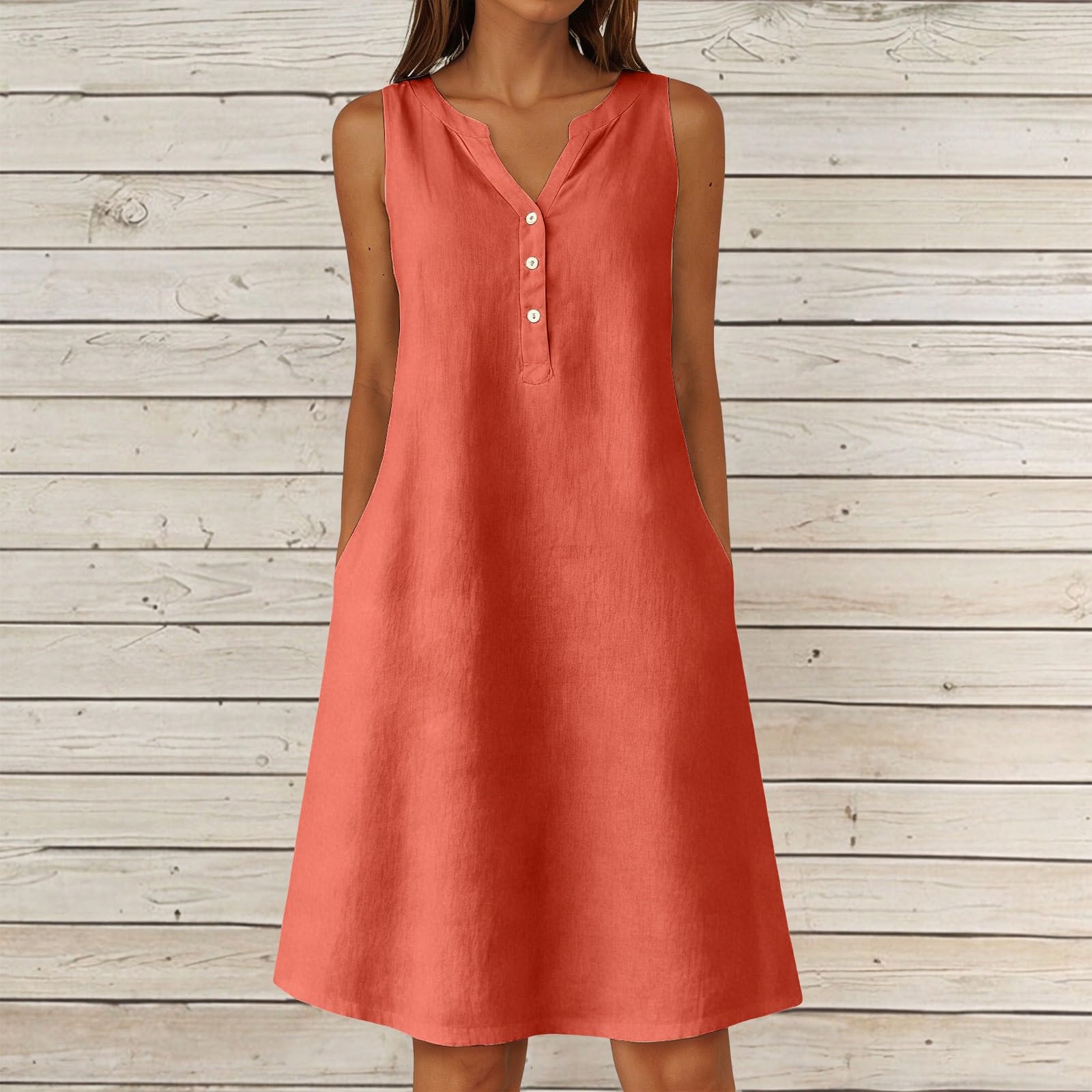 Mini abito da donna in lino e cotone, senza maniche, con scollo a V, per il tempo libero, con tasche laterali e bottoni decorativi, abito estivo per vacanze, spiaggia, lounge