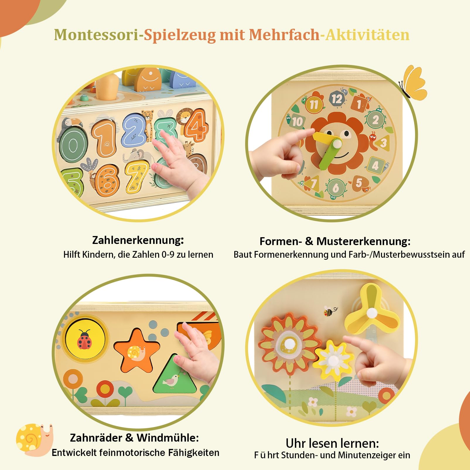 Almaxi Giochi Montessori 1 Anno, 6 in 1 Scatola dei Fazzoletti Montessori in Legno con Ingranaggi, Giochi di Pesca e Forme da Ordinare, Giocattolo Educativo per Sviluppo Motricità Fine Bambini 1 2 3