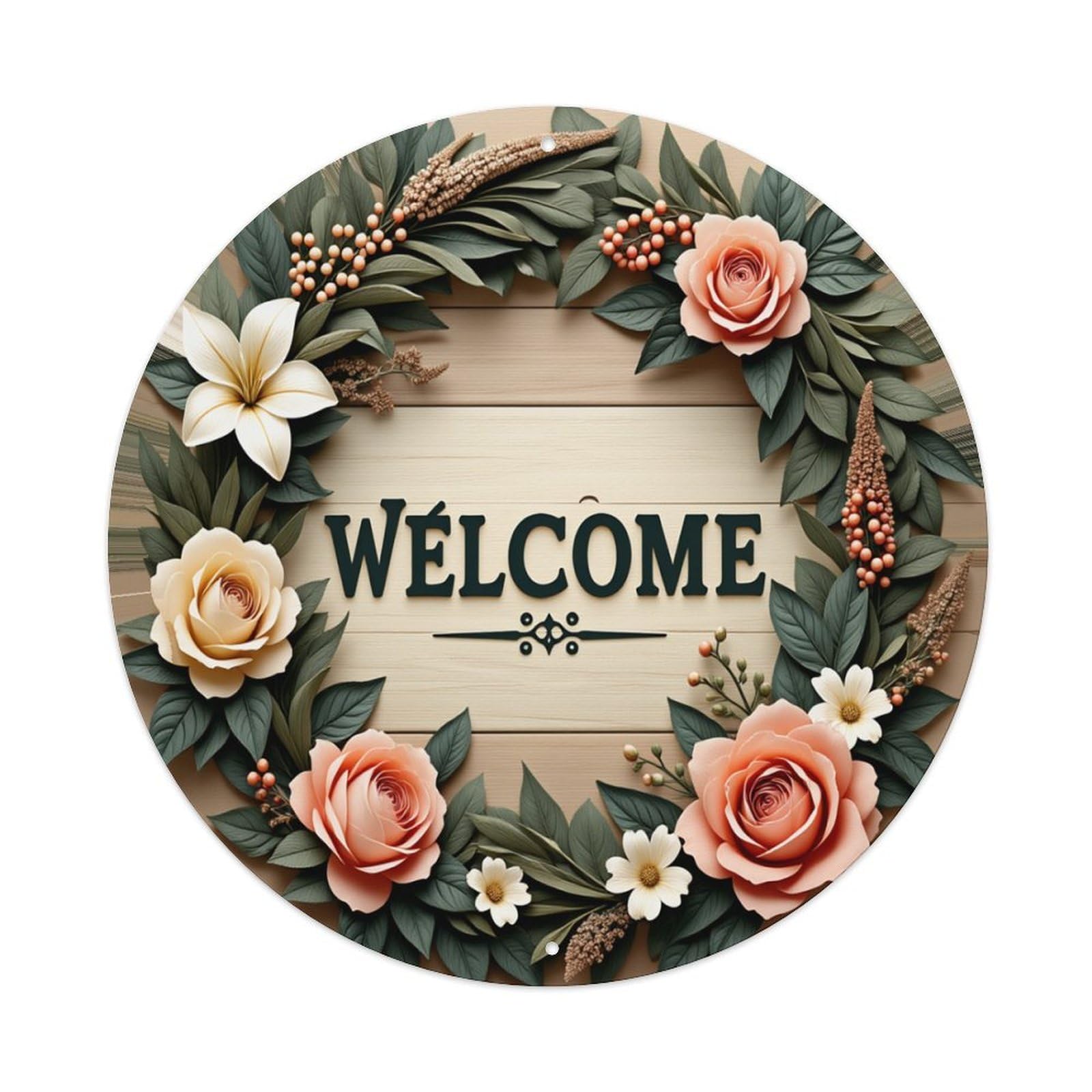 Floral Wreath Welcome Sign Pattern Round Tin Sign Retro Metal Sign for Cafe Bar Pub Home Game Room Gym Club Wall Decoration Vintage Metal Poster 8x8 Inch