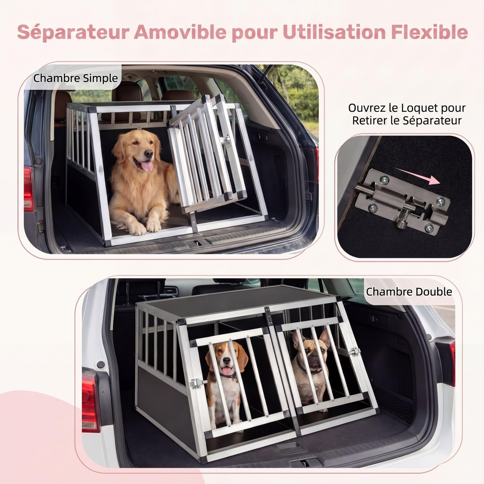GYMAX Cage pour Chien avec Double Chambre, Séparateur Amovible, Porte Verrouillable, Niche avec Cadre Métallique, Caisse de Transport Voiture Trapézoïdale pour Petits Chiots, 80 x 65 x 48 cm