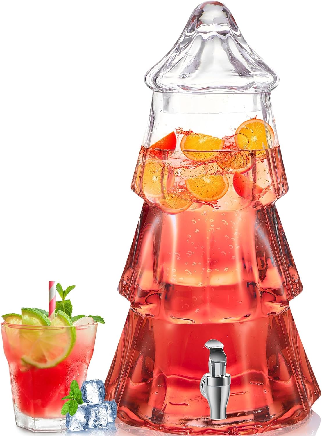 1 Pcs Christmas Tree Drink Dispensers for Parties 1.3 Gallon Large Christmas Drink Fountain Clear Glass Pitcher with Spout for Hot Cider Lemonade Juice Champagne