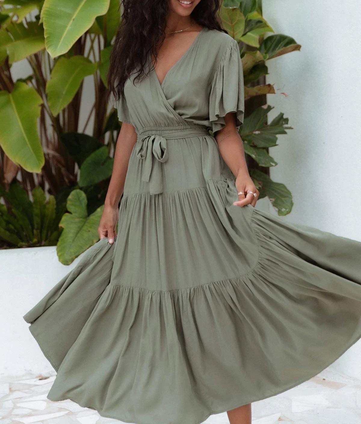 R.Vivimos Summer Dress for Women Cotton Ruffle Short Sleeves V Neck Casual Flowy Midi Dress with Belt