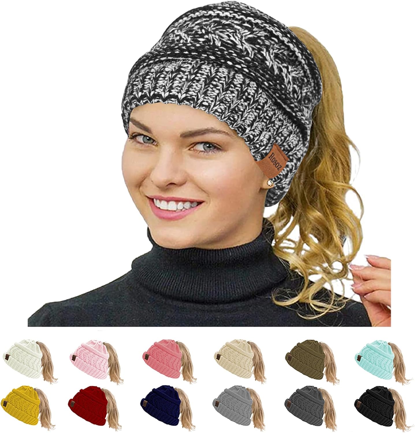 Rosoz 1&2 Packs Ponytail Beanie for Women,Winter Warm Beanie Tail Soft Stretch Cable Knit Messy High Bun Hat