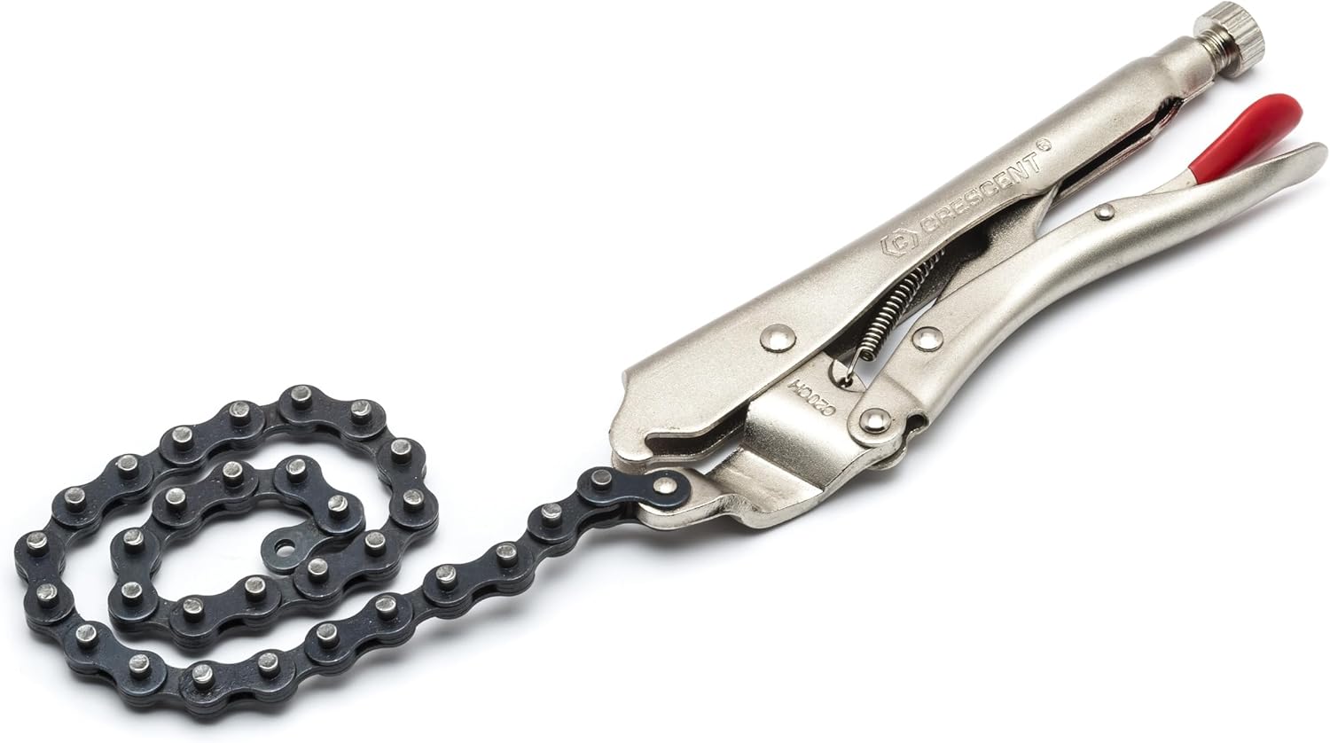 Crescent Locking Chain Clamp with 18" Chain - Nickel-Plated Metal Clamp - Features Compound Action & Hex Key Receiver - C20CHN - 9", Red