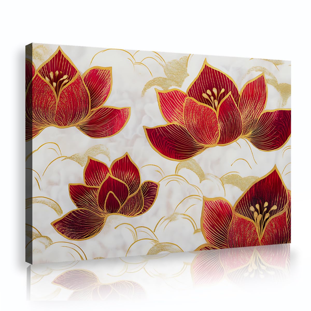 TOANGWALL Luxury Red Lotus Golden Lines Framed Canvas Artwork Modern Chinoiserie Floral Marble Texture Picture Giclee Printed Poster for Dining Room Hallway Decor 75x115cm