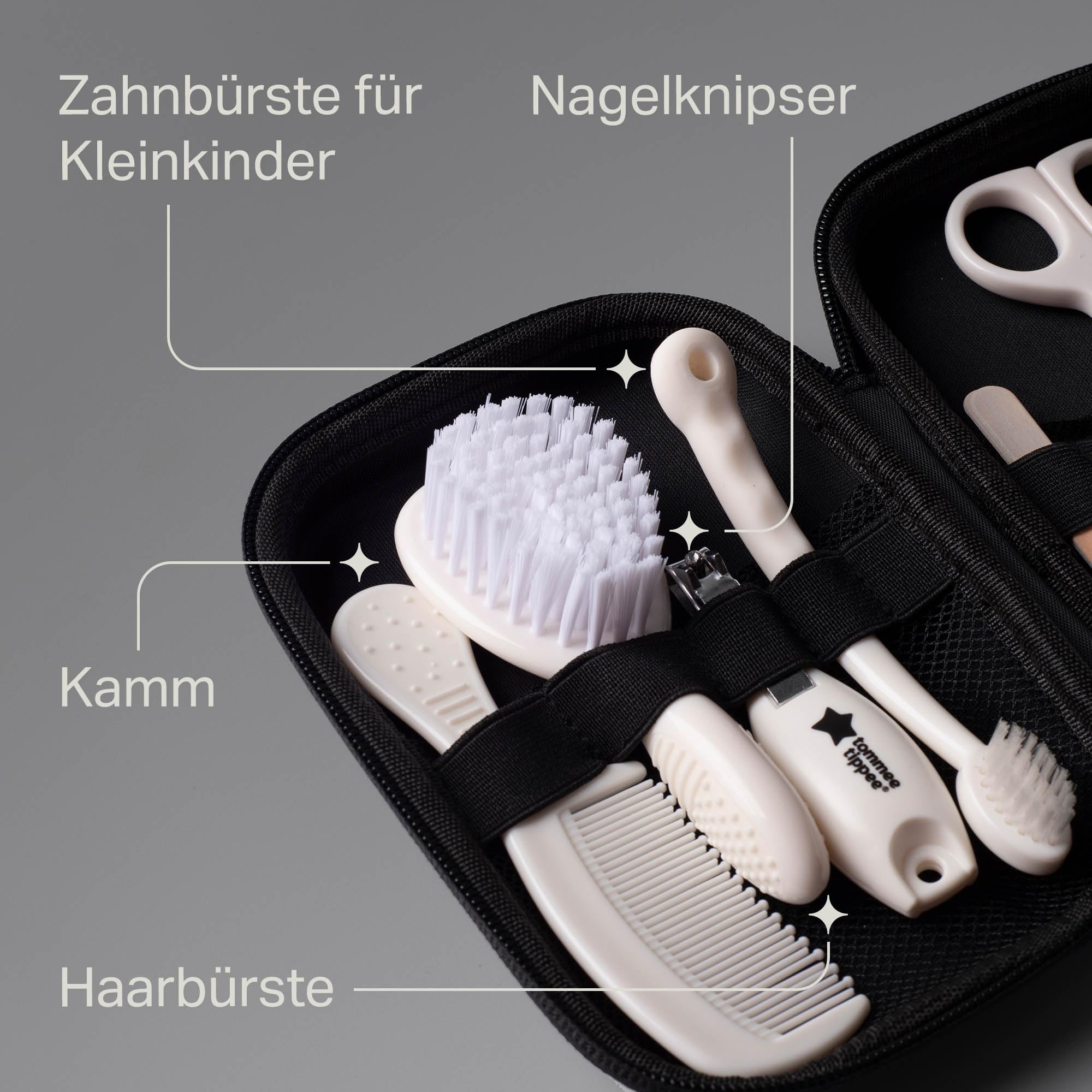 Tommee Tippee Baby-Pflegeset, 9x Essentielle Pflegeartikel für Neugeborene für zu Hause und Unterwegs, abwischbares und wasserdichtes Reiseetui (Design kann variiieren)