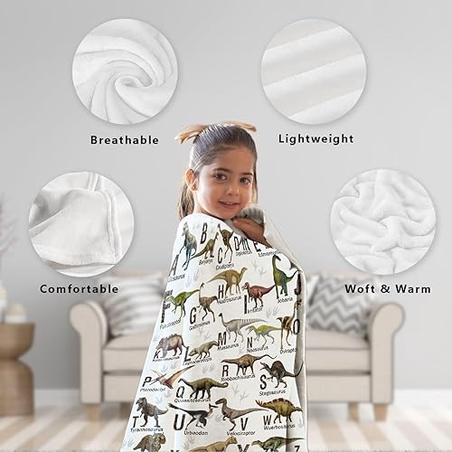 Miniatura 3 de Manta de franela con diseño del alfabeto de dinosaurio, ultra suave y acogedora, manta de forro polar ligera y mullida, manta de felpa cálida para
