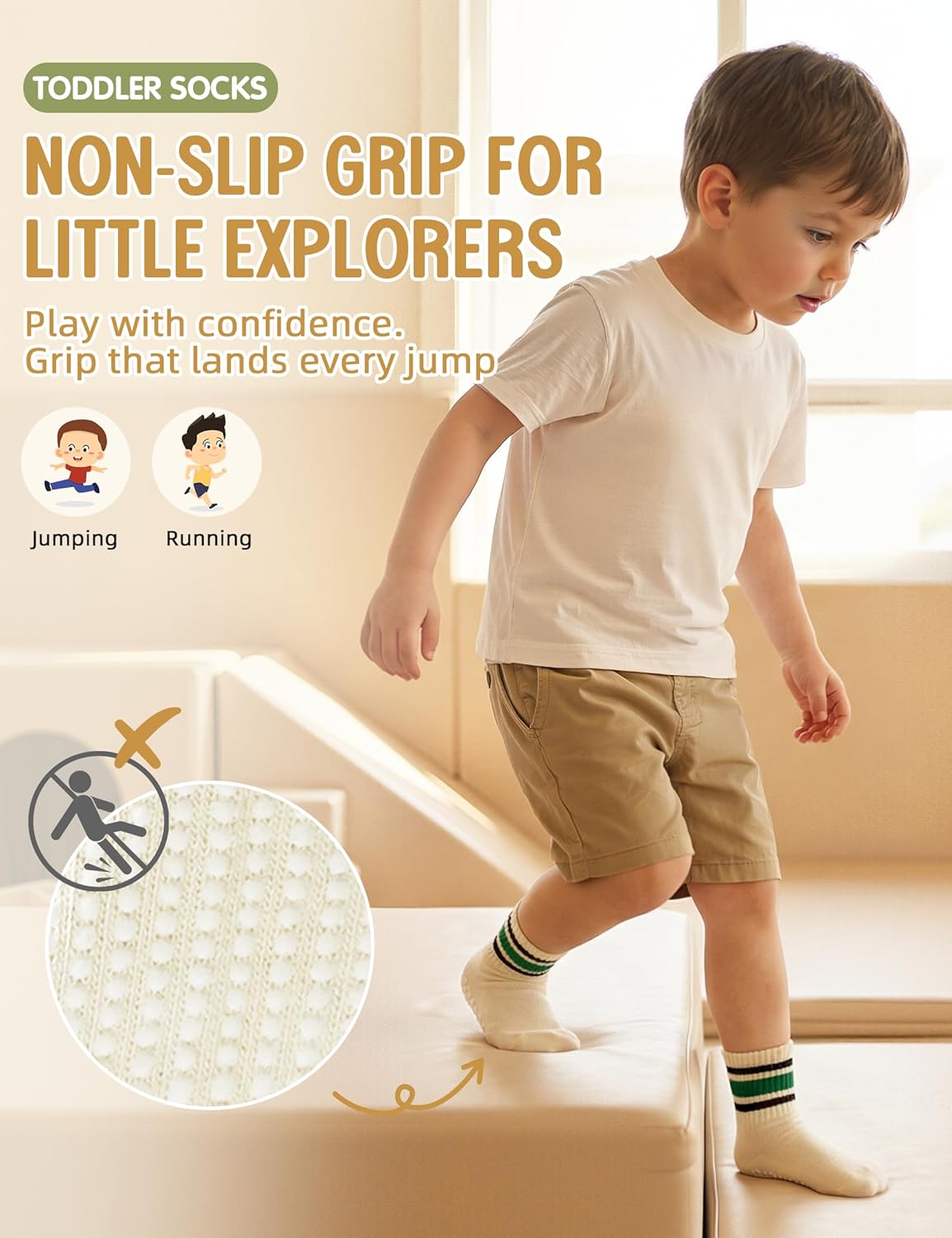 Durio Toddler Grip Socks for Boys - Soft Cotton Blend Non Slip Socks with Grip Dots, Retro Stripe Sporty Baby Crew Sock Girls - Image 3