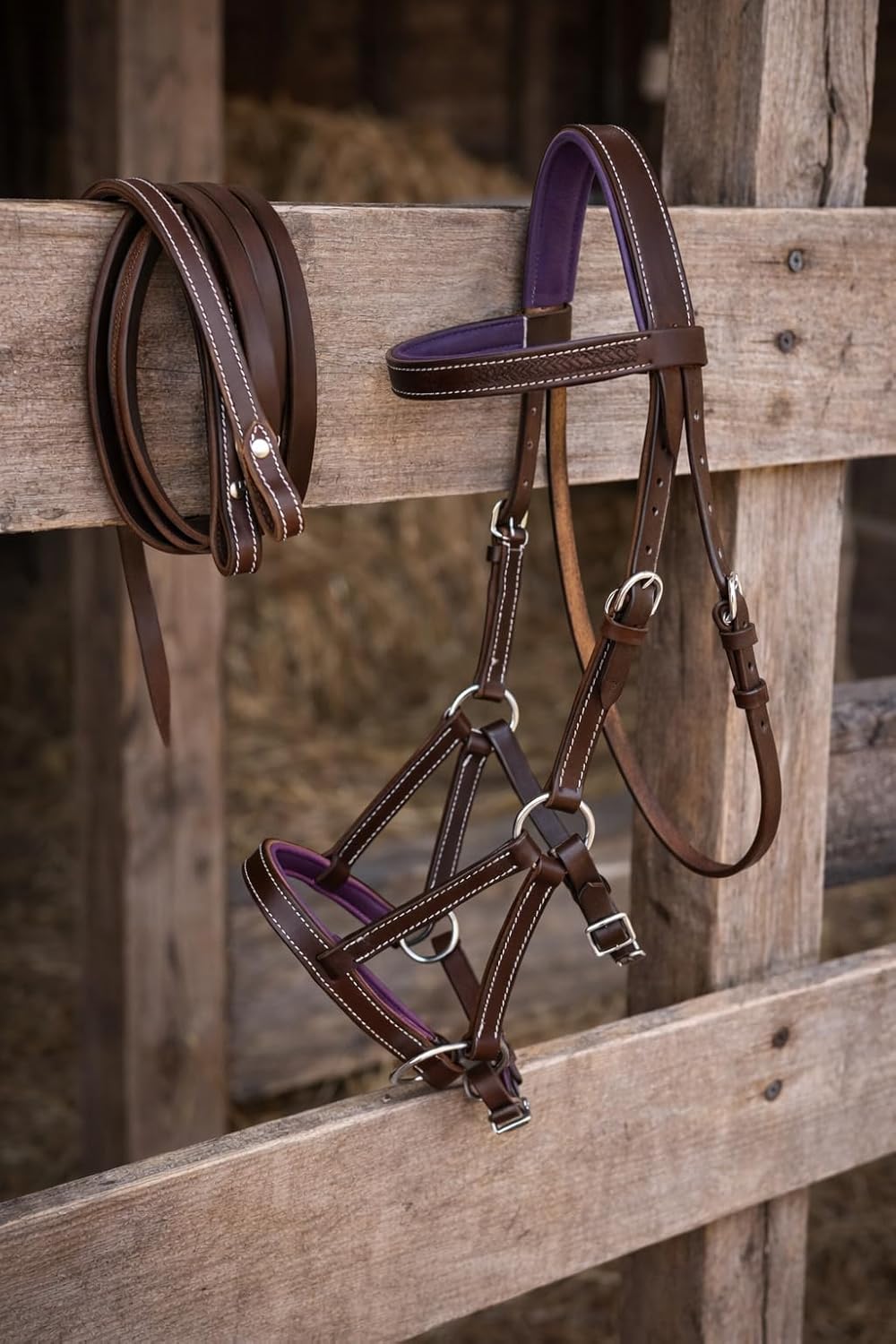 CHALLENGER Horse Western Leather Purple Padded Bitless Sidepull Bridle w/Reins 77RS32PR