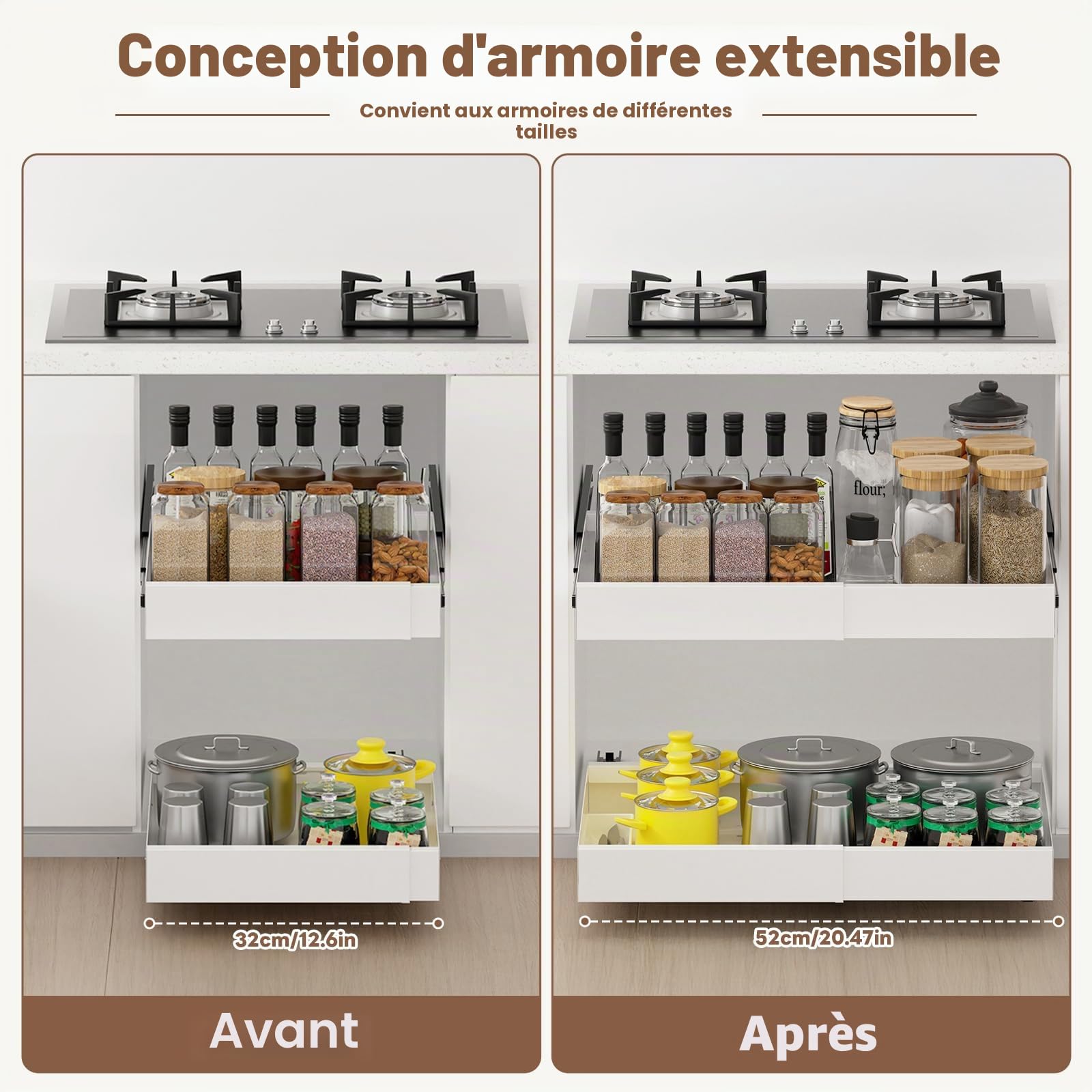 Tiroir Coulissant Cuisine 2 Pièce, Installation double améliorée, compatible avec tous les meubles de cuisine, Tiroir Télescopique Extensible à rail robuste améliorés de 32 à 52 cm