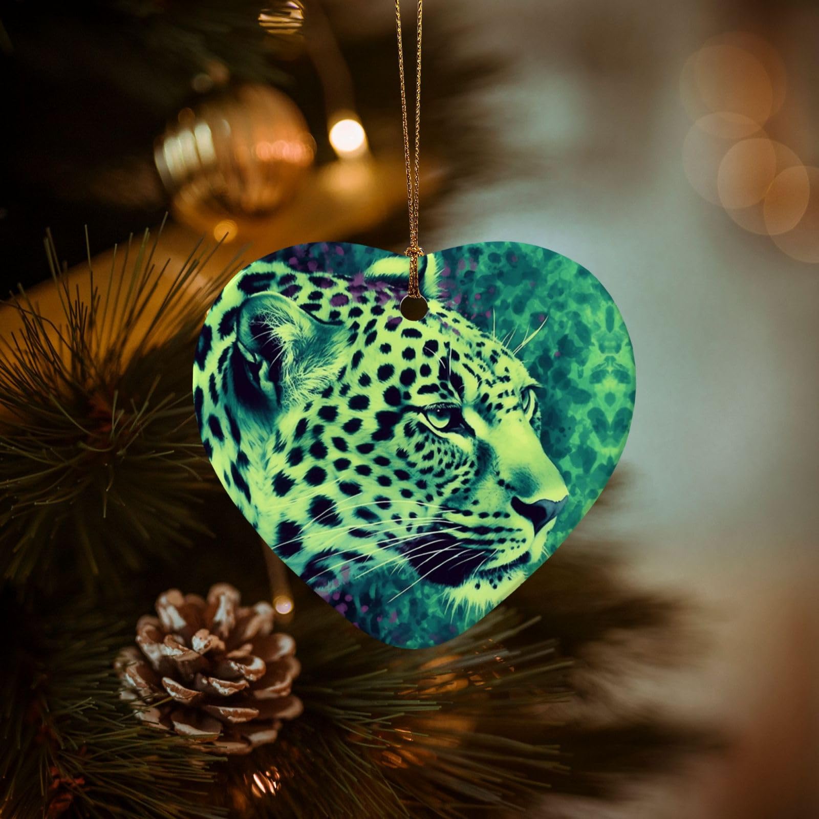 Christmas Ornaments for Christmas Tree Decoration Hanging Green Leopard Ornament with Gold Ribbon Crafts Heart Shape Ceramic Pendant for Keepsake Gifts Xmas Decor Party Supplies
