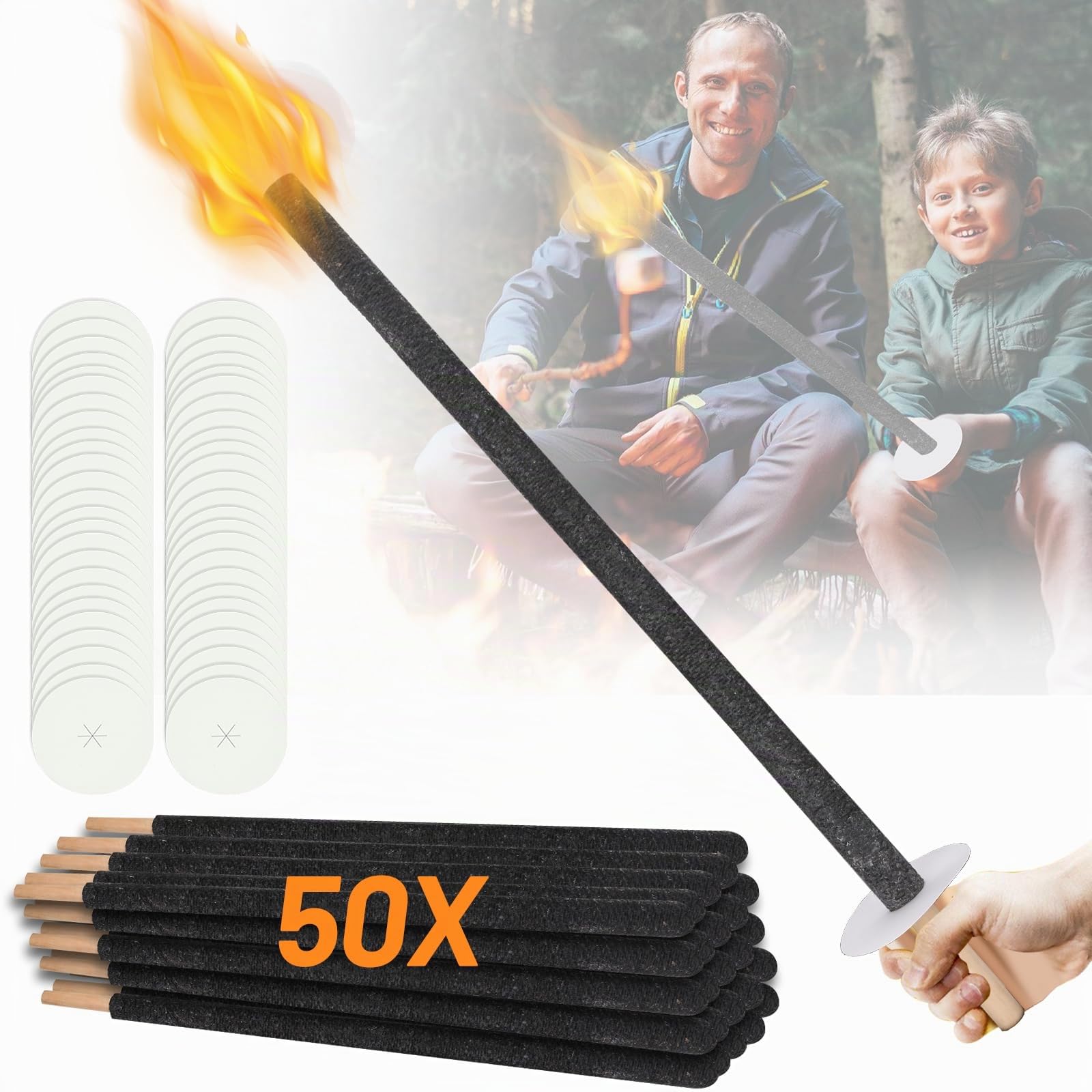 50 antorchas de cera, tiempo de combustión 100 min, antorchas de jardín con protección de manos, antorcha de fuego con mango extra largo, para una caminata con niños, fogata, al aire libre