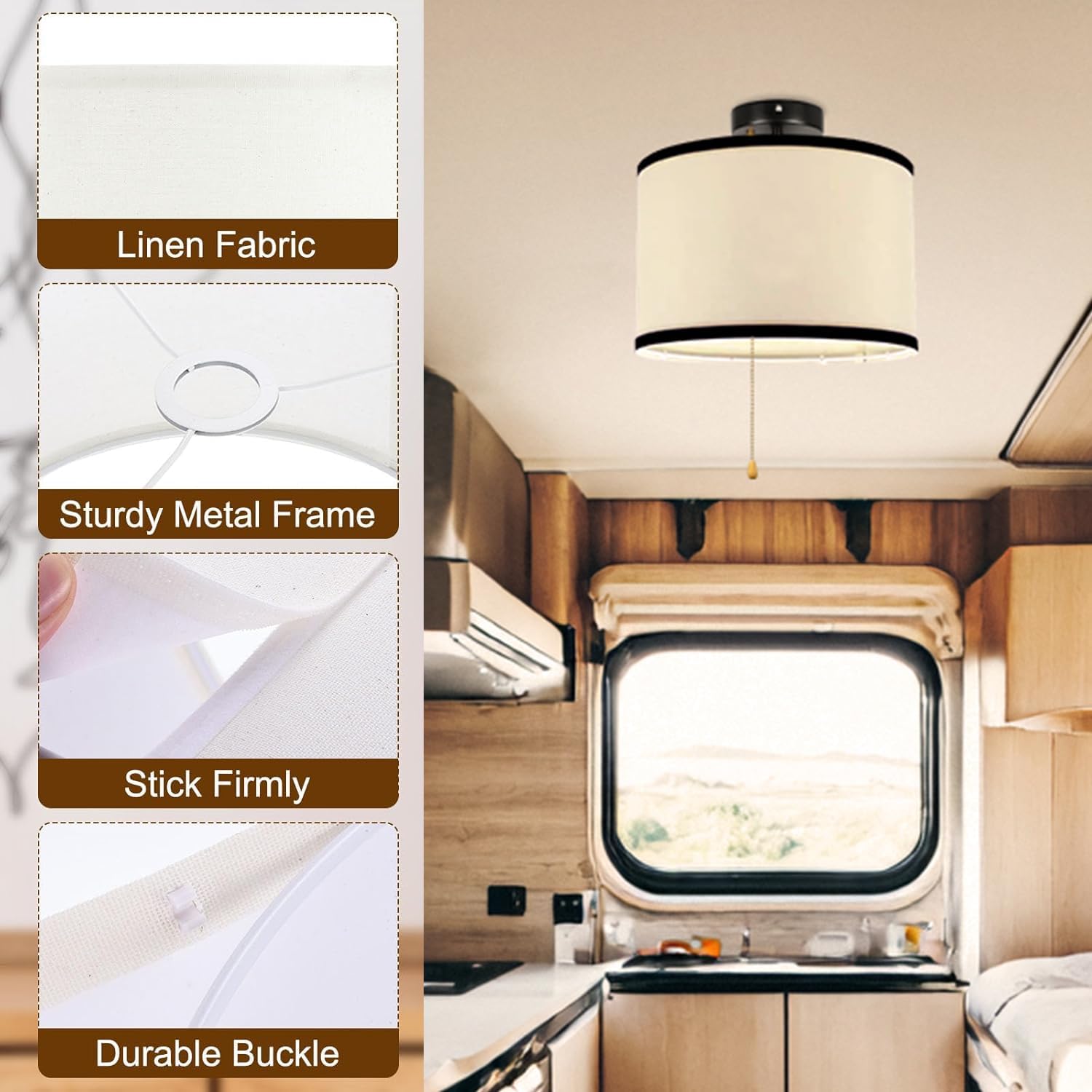 Replaceable Bulb Decorative Dinette Lighting, Zipper Switch 12V RV Natural Linen Boho Cream Fabric Dome Shade, Semi Flush Mount Interior Lighting for Motorhome Boat Camper Hallway