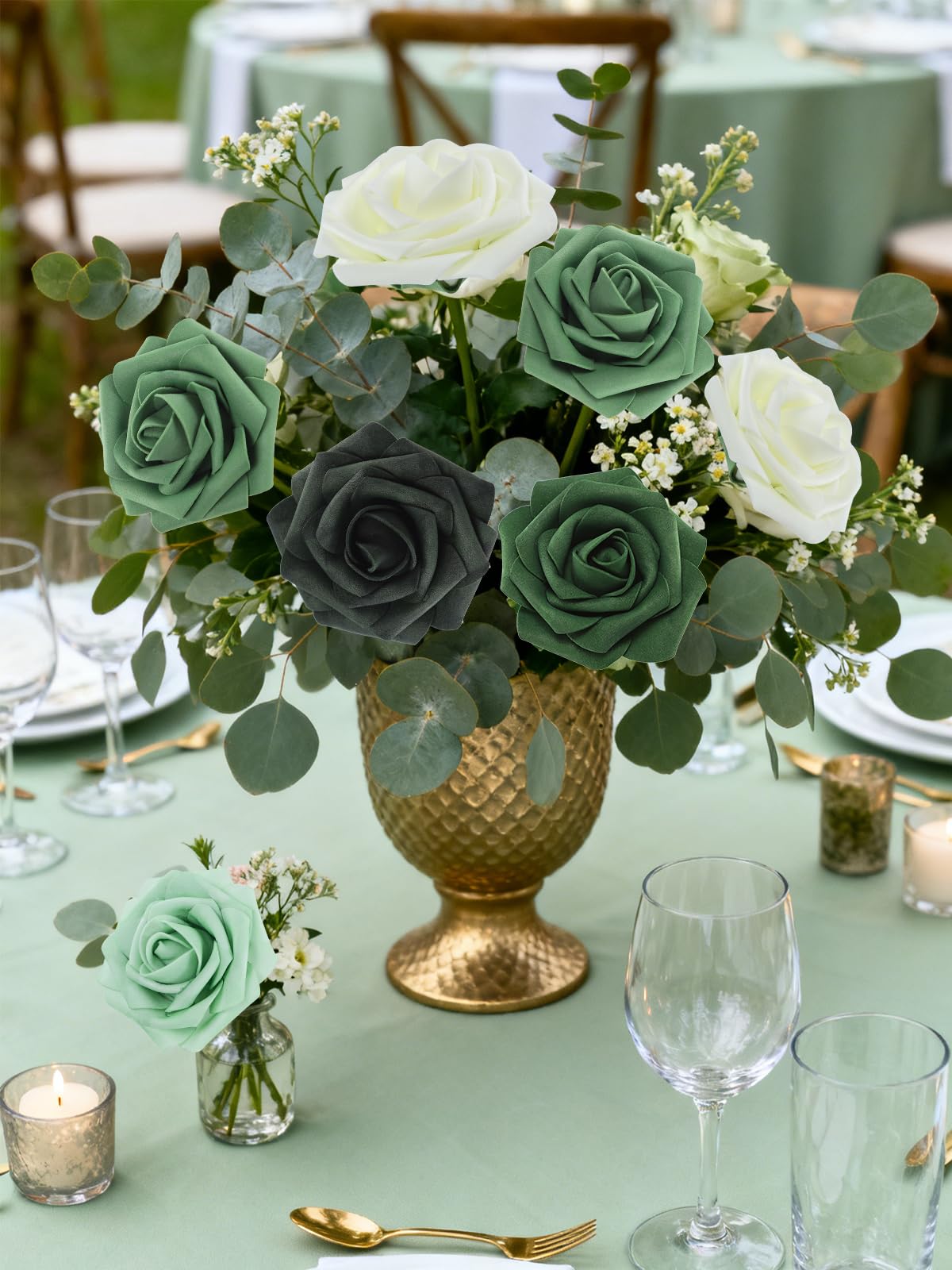25 rose artificiali bianche e verdi, rose finte in schiuma realistica al tatto, per bouquet da sposa, centrotavola, composizioni floreali, feste, decorazioni per la casa