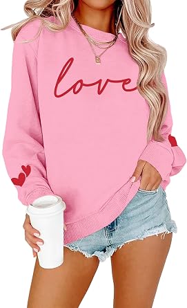 FASHGL Valentines Sweatshirt Women Love Heart Print Shirt Valentine Sweater Casual Striped Pullover Blouse Long Sleeve Top