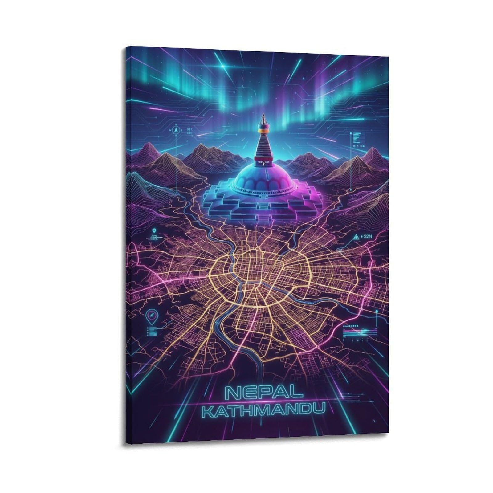XKUGA Nepal Kathmandu 80s Neon Map Gamer Room Poster Modern Decorative Canvas Prints - Ideal Wall Art for Family, Man Cave, Game Room, Boys & Girls Bedroom 16x24inch(40x60cm)