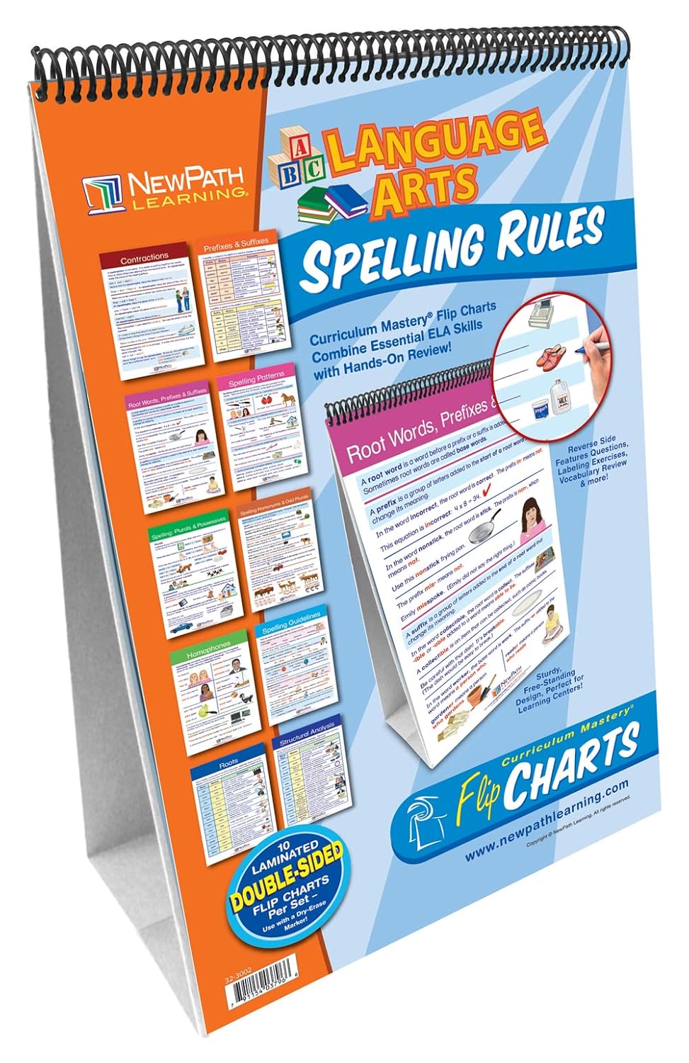 Spelling Rules Flip Chart Set (Grades 3 - 6) - 10 Laminated Write-On/Wipe-Off, Double-Sided Charts Mounted on Easel with Activity Guide