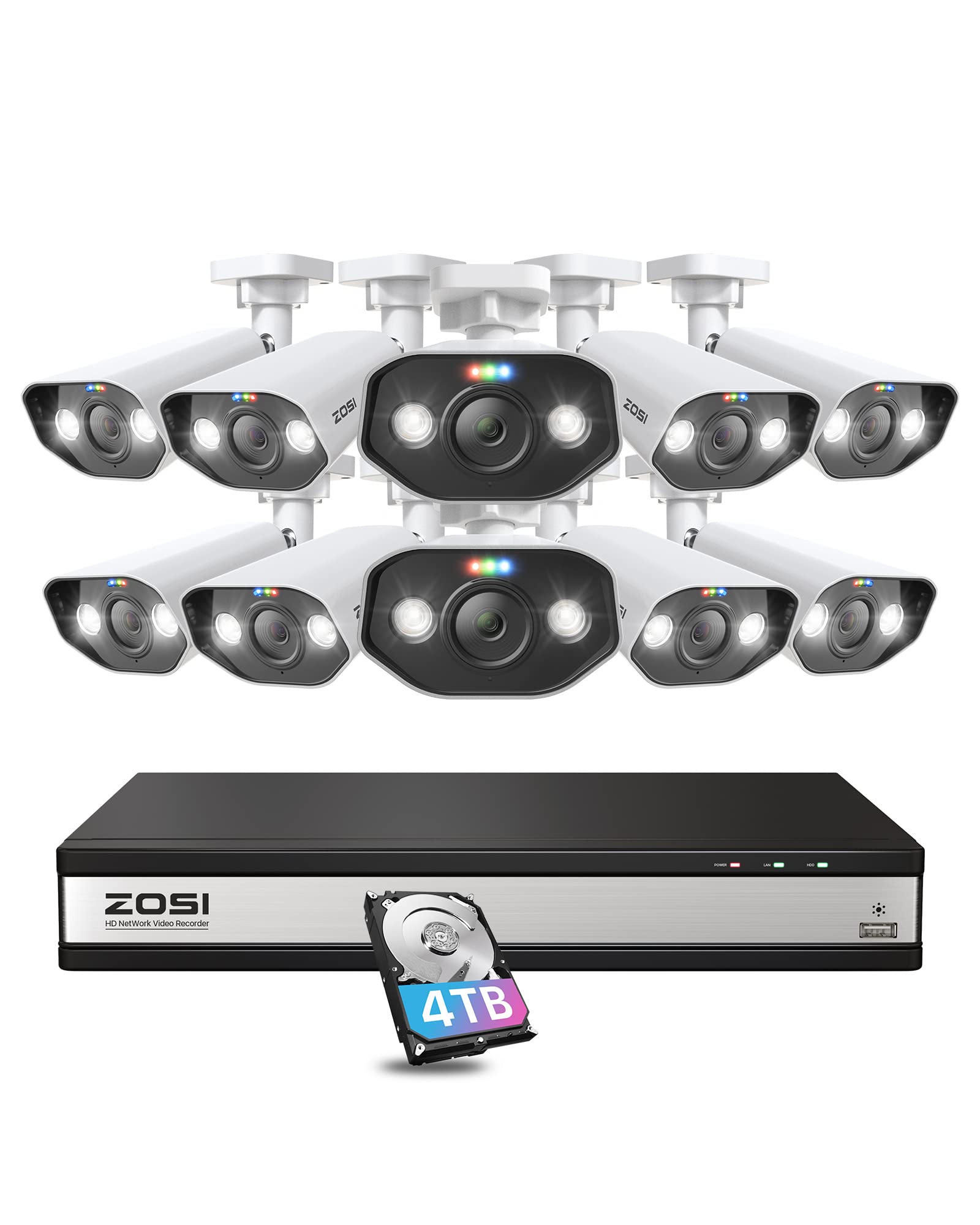 ZOSI 16CH 4K Spotlight Home PoE Security Camera System,H.265+ 16Channel 8MP NVR with 4TB HDD,10pcs 5MP Outdoor PoE IP Cameras,2 Way Audio,Night Vision
