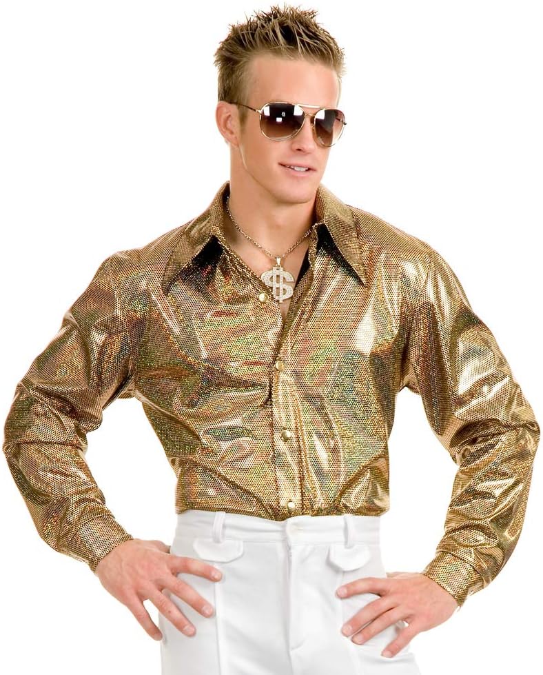 Charades Men's Hologram Disco Shirt, Black/Gold, XL