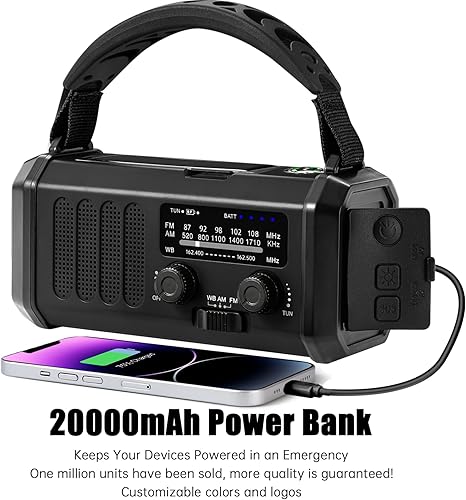 Miniatura 2 de Radio meteorológica de emergencia 20000mAh NOAAAMFM con 74000 mWh USBsolarcarga de manivela, funciona con pilas, alarma SOS y linterna para
