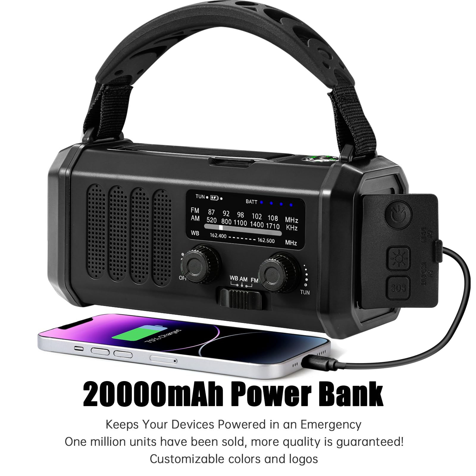 Radio météo d'urgence 20 000 mAh NOAA/AM/FM avec 74000 mWh USB/solaire/manivelle de charge, fonctionne avec piles, alarme SOS et lampe de poche pour les urgences d'intérieur/extérieur (noir)