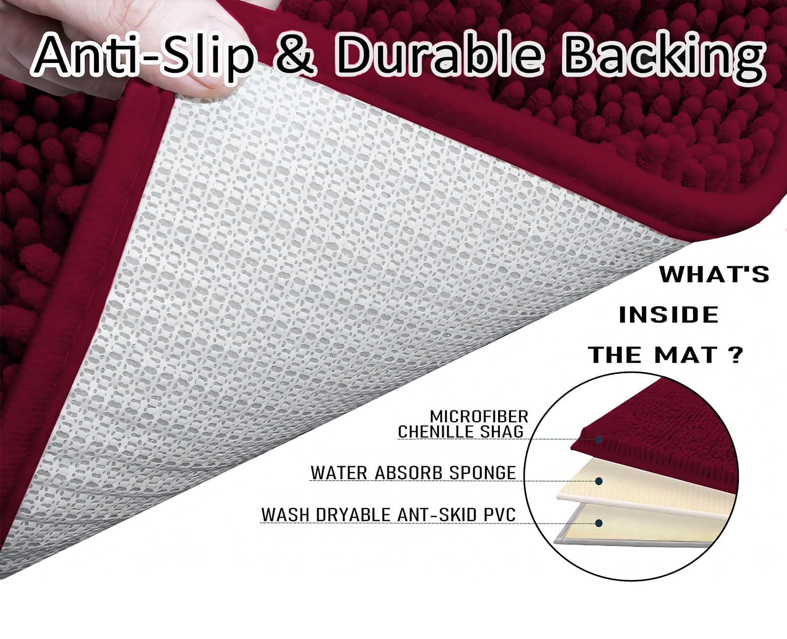 RUN HELIX Chenille Bath Mat, Non Slip Extra Soft Bath Toilet Mat 3 Pieces, Super Absorbent Bath Rug for Bathroom Bedroom - Image 3