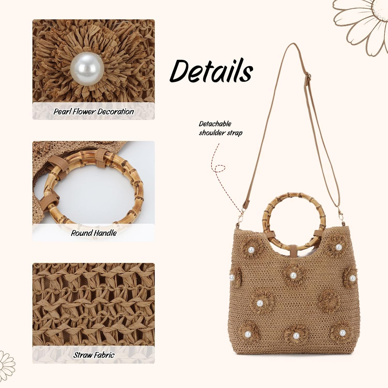 Beach Bags for Women, Summer Beach Woven Bag, Flower Pearls Straw Tote Bag for Summer Vacation