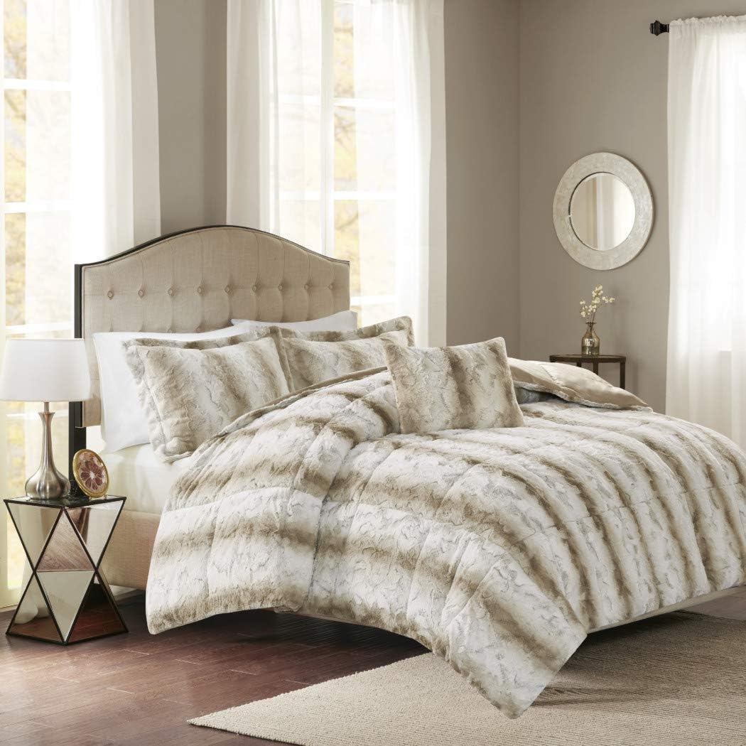 4 Piece Taupe White Sand Faux Fur Comforter King/Cal King Set, Plush Animal Fur Bedding Mink Down Alternative Warmth Exotic Wildlife Pattern Soft Comfy Luxurious Textured, Reversible Solid Polyester