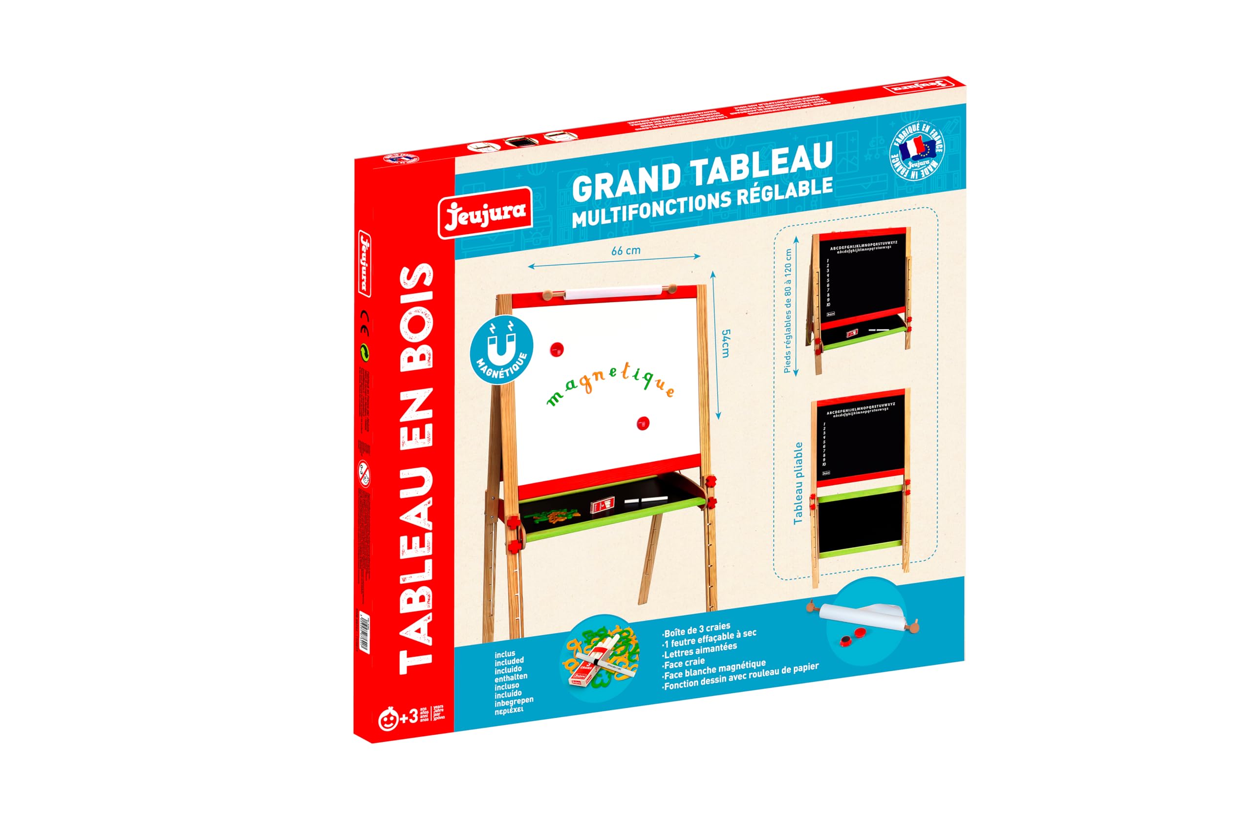 JeuJura - 8762 - Grand Tableau Multifonctions Réglable - Multifonctions Avec Accessoires - Ecrire - Dessiner - Ardoise Magnétique et à craie - A partir de 3 ans, Blanche