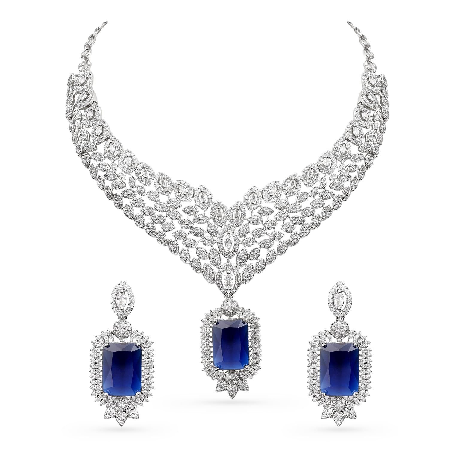 Rhodium-Plated Blue Sapphire & White Cubic Zirconia Studded Luxe V-Shaped Statement Necklace Set for Women & Girls – for Weddings & Grand Celebrations