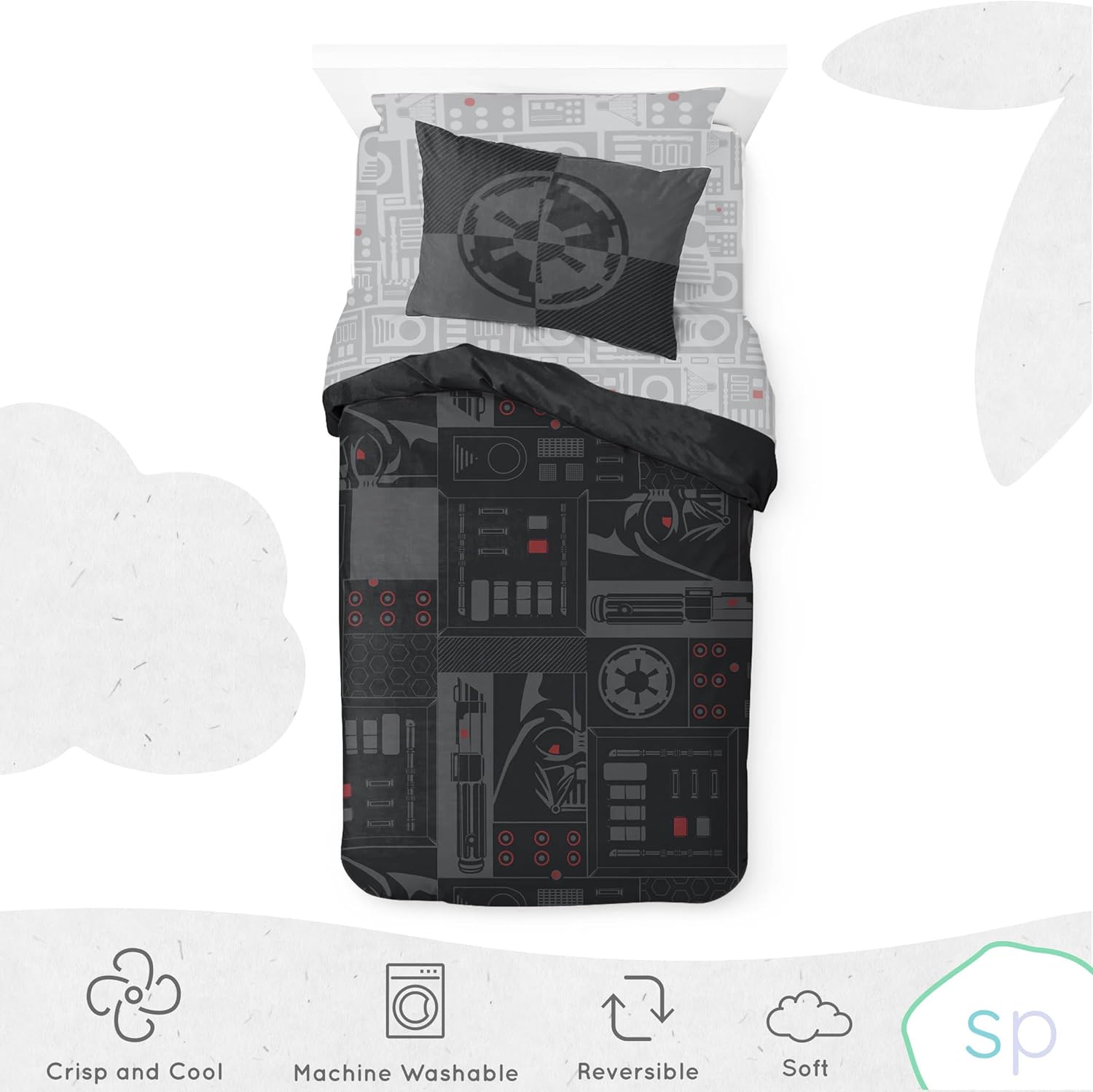 Saturday Park Star Wars Dark Side Darth Vader Tech Twin Bed Set - 5 Piece 100% Organic Cotton Bedding with Duvet Cover and Sheets - GOTS & Oeko-TEX Certified