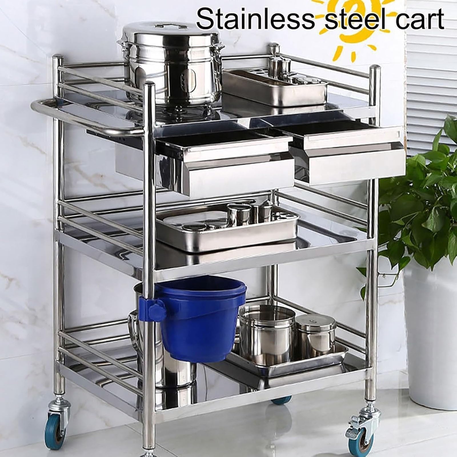 Carro médico, Carro de Laboratorio con Ruedas de Acero Inoxidable de Tres estantes, con Ruedas silenciosas bloqueables de 360° y cajón, Ideal para Laboratorios, clínicas dentales(66 * 44 * 86cm)