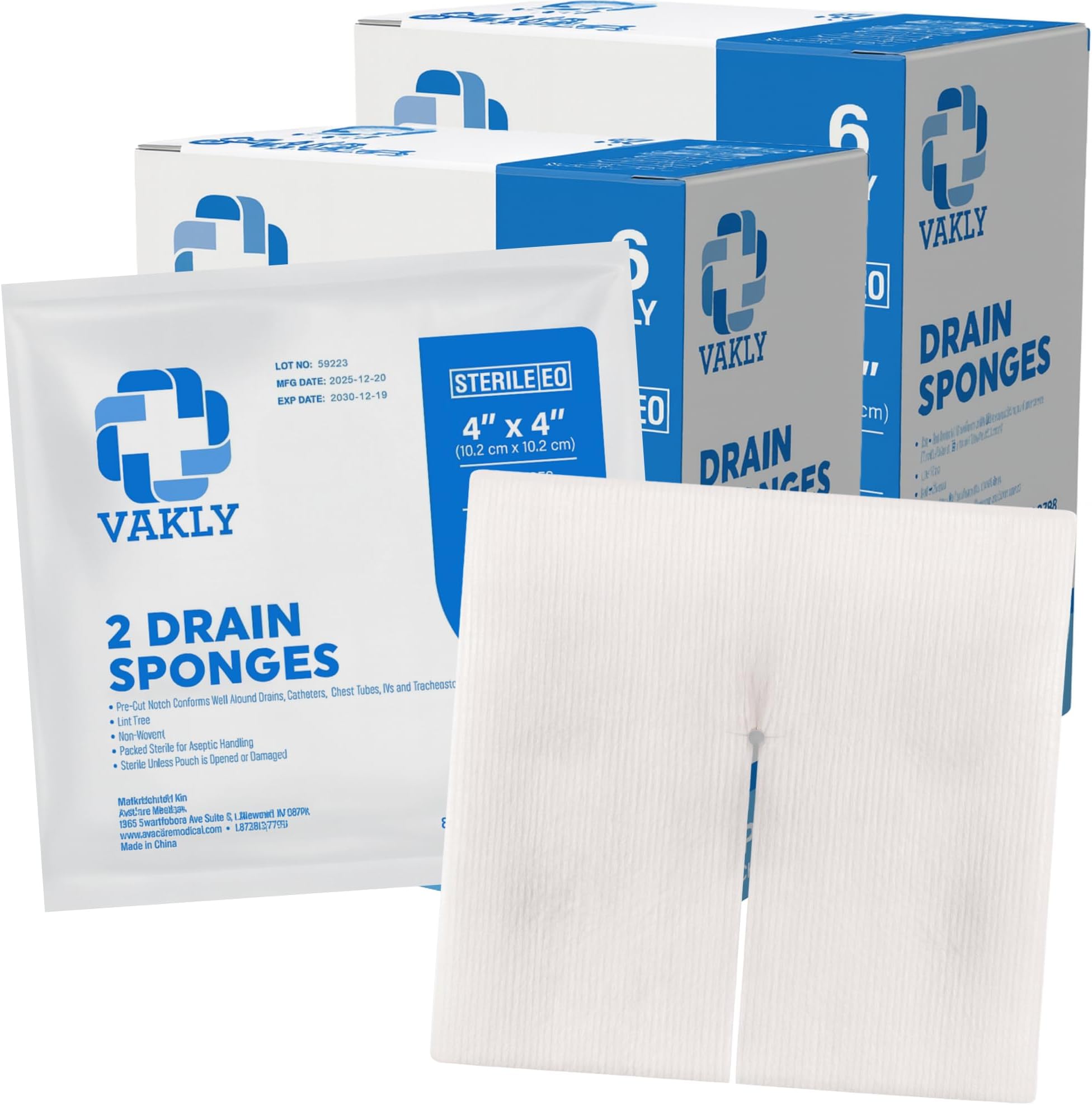 Vakly 100 Pack 4"X4" 6 Ply Split Drain Sponge - 2 Boxes of 25 Packs of 2 + 2 Rolls of Medical Tape